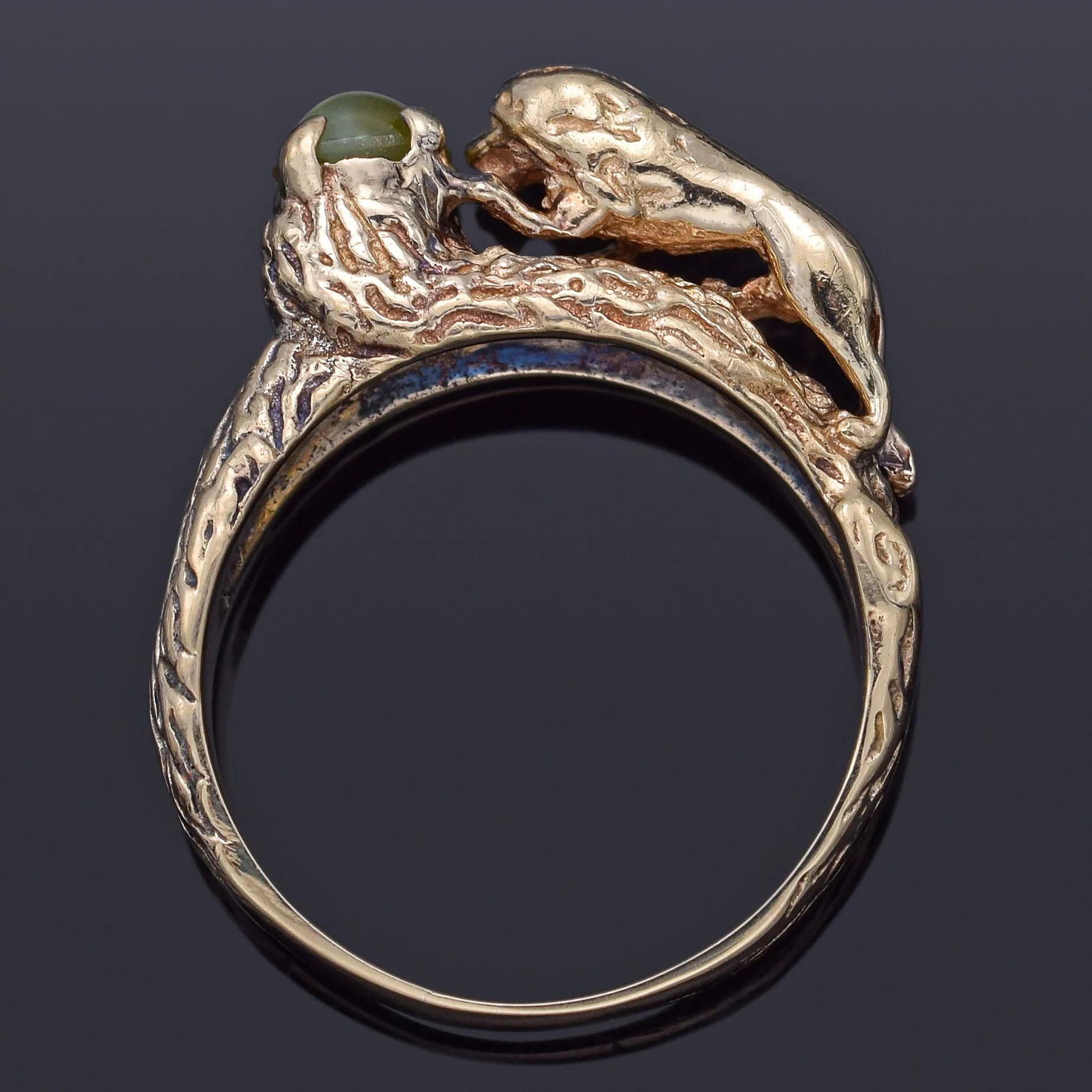 Antique 14K Yellow Gold Chrysoberyl Cat's Eye Lion Band Ring 6.1 Grams