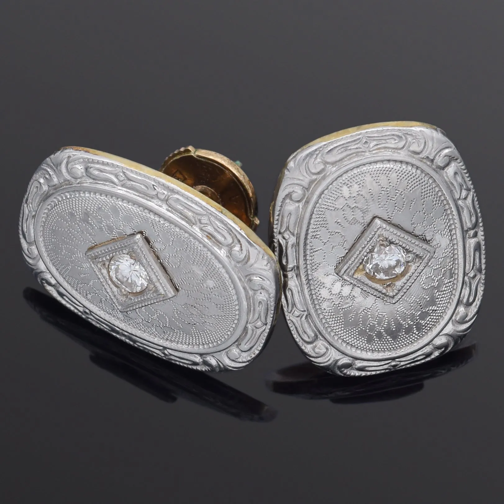 Antique Art Deco Platinum & 14K Yellow Gold Diamond Earrings   Box, Appraisal