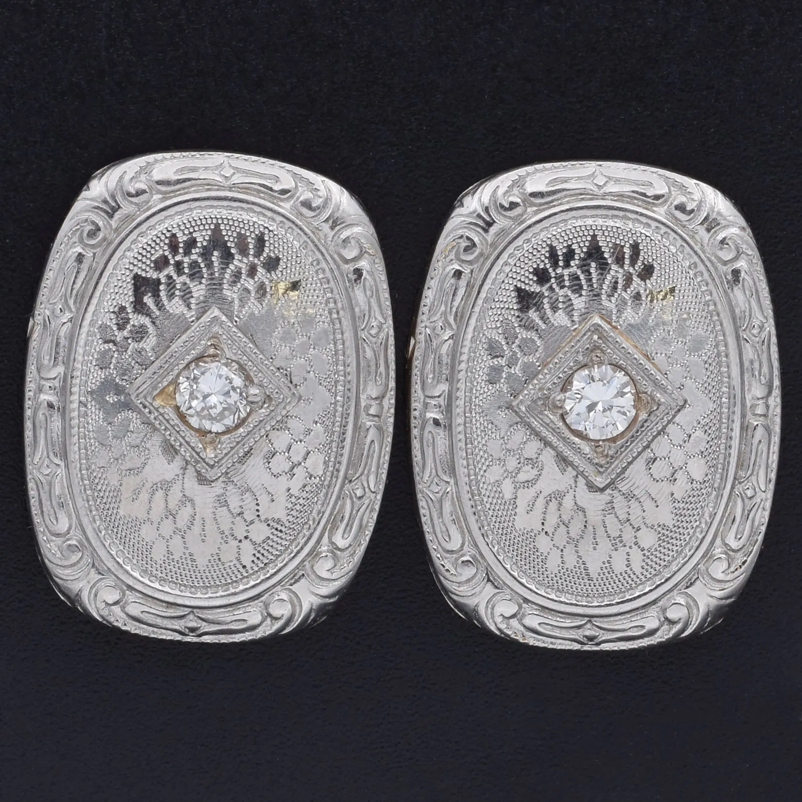 Antique Art Deco Platinum & 14K Yellow Gold Diamond Earrings   Box, Appraisal