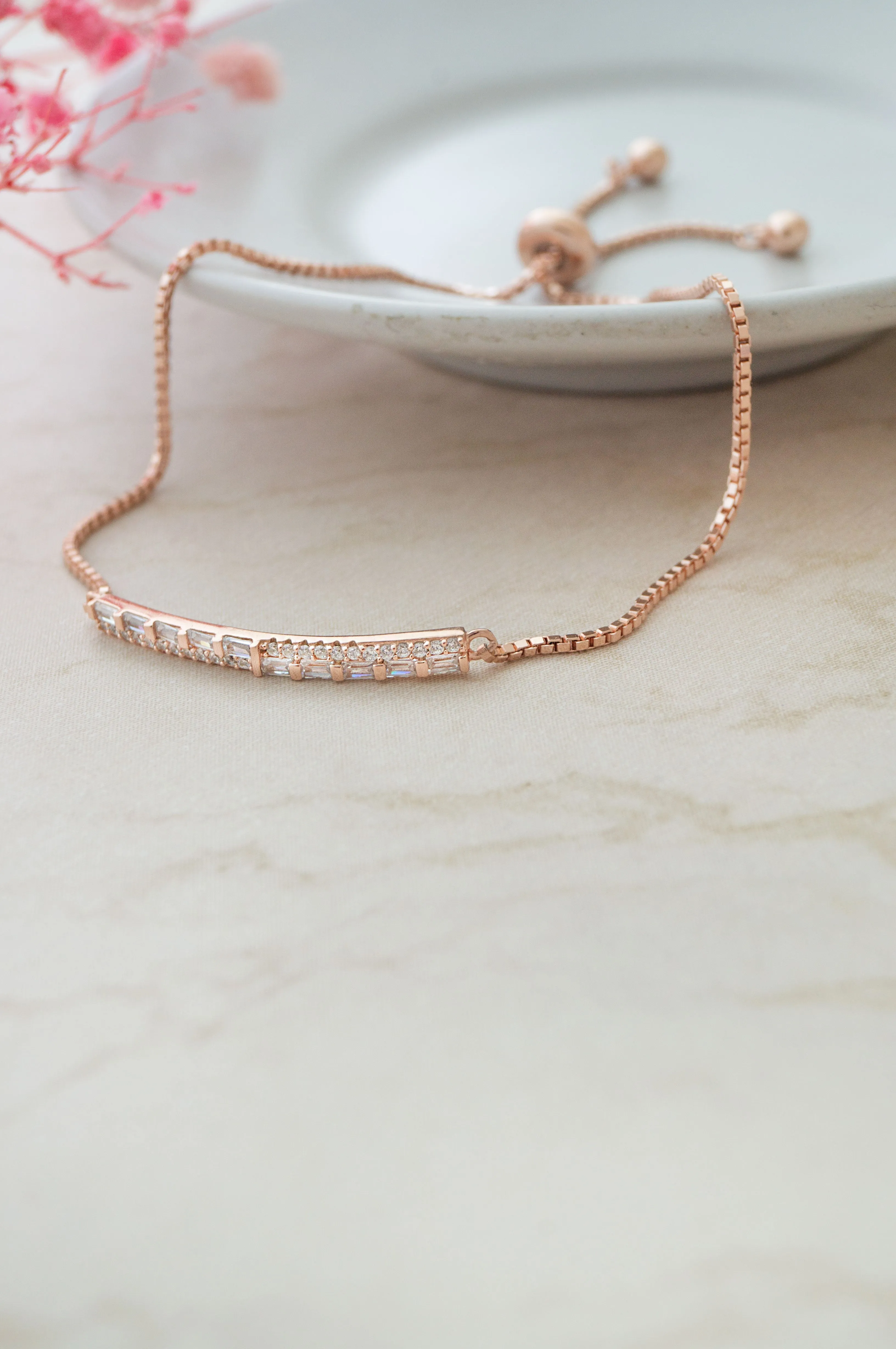 Baguetty Bar Rose Gold Plated Sterling Silver Adjustable Bracelet