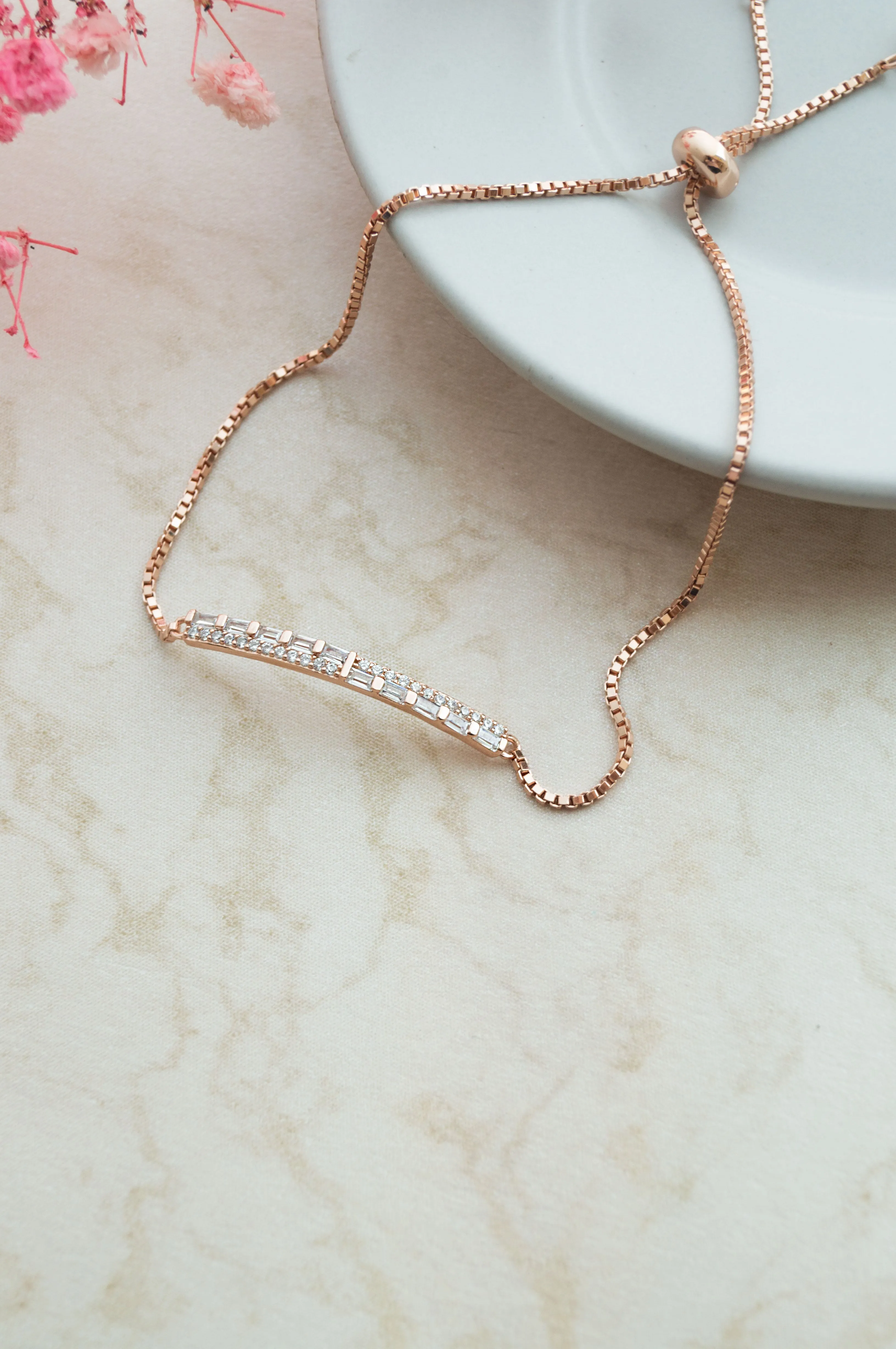 Baguetty Bar Rose Gold Plated Sterling Silver Adjustable Bracelet