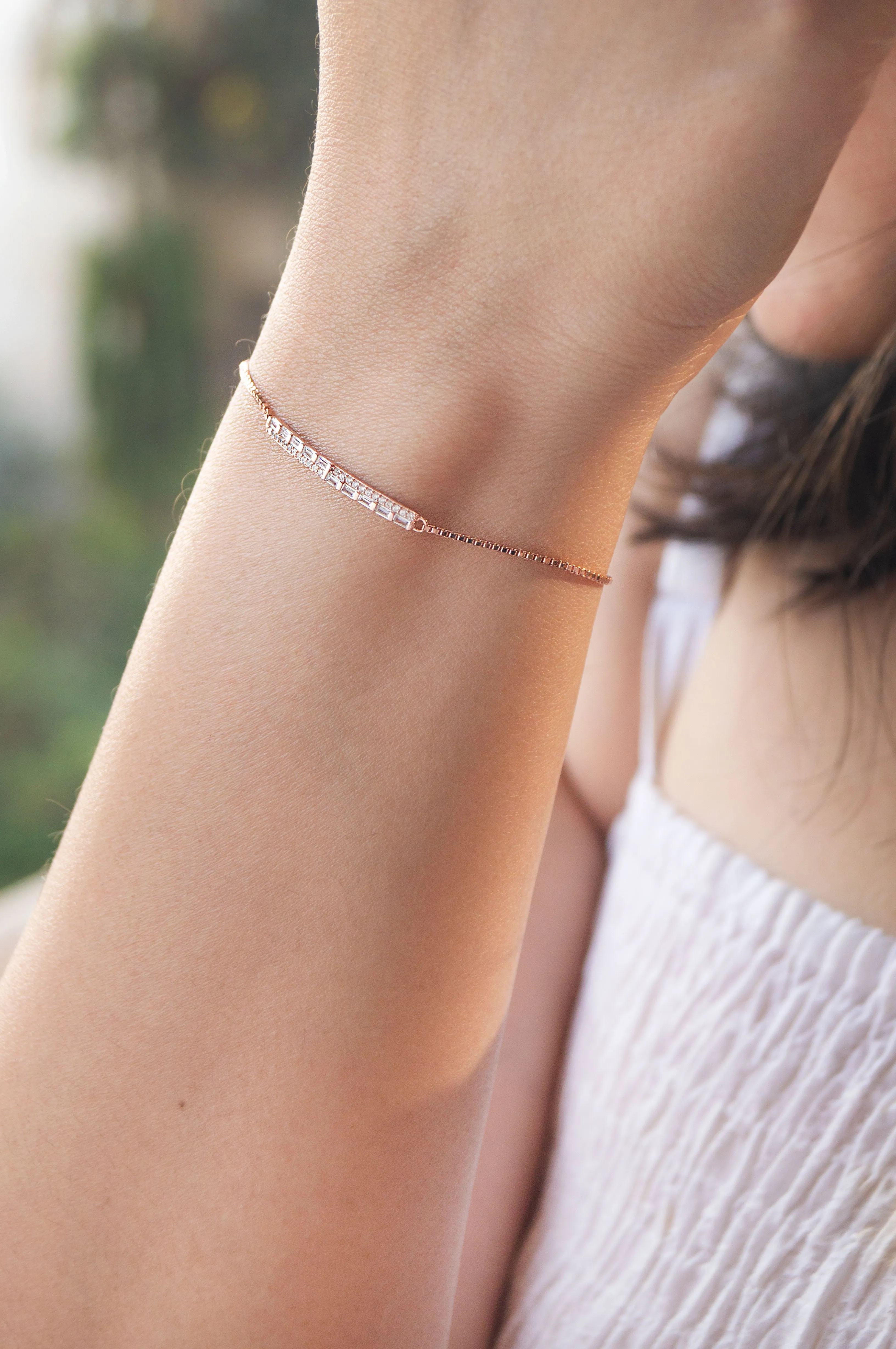 Baguetty Bar Rose Gold Plated Sterling Silver Adjustable Bracelet