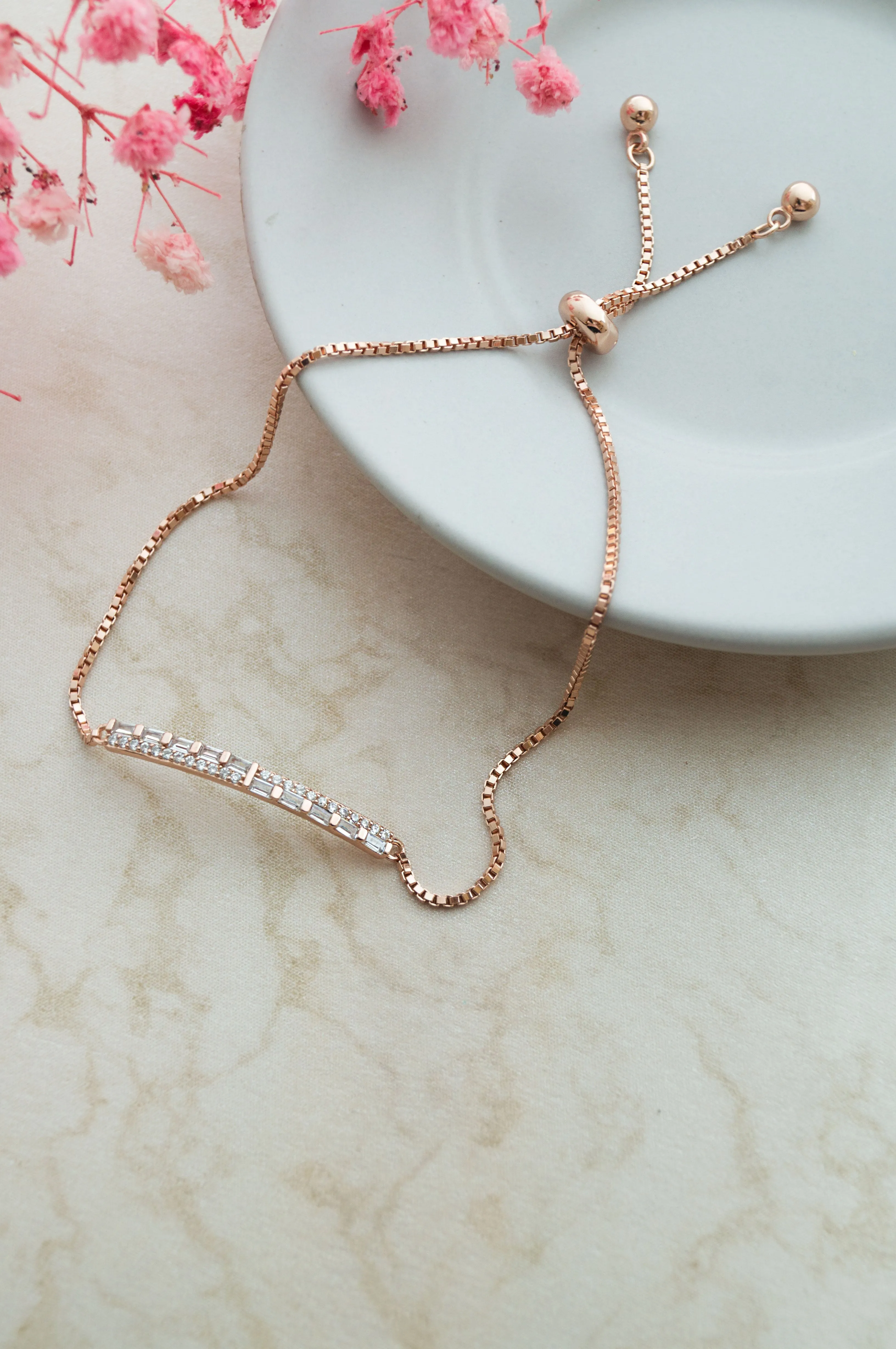 Baguetty Bar Rose Gold Plated Sterling Silver Adjustable Bracelet