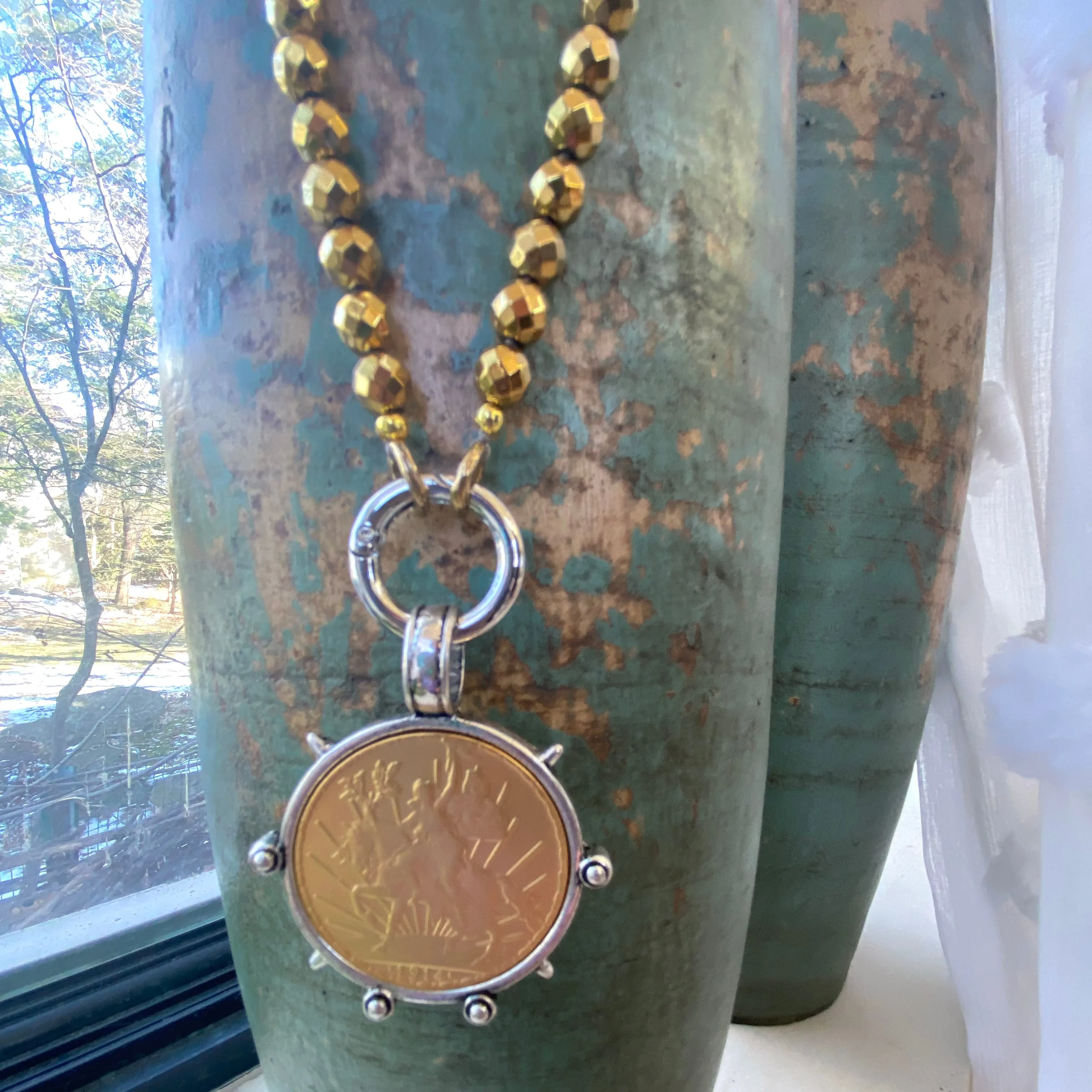 Chunky Gold Hematite Beads and Repro Mexican Peso Coin Pendant Necklace, 28inches