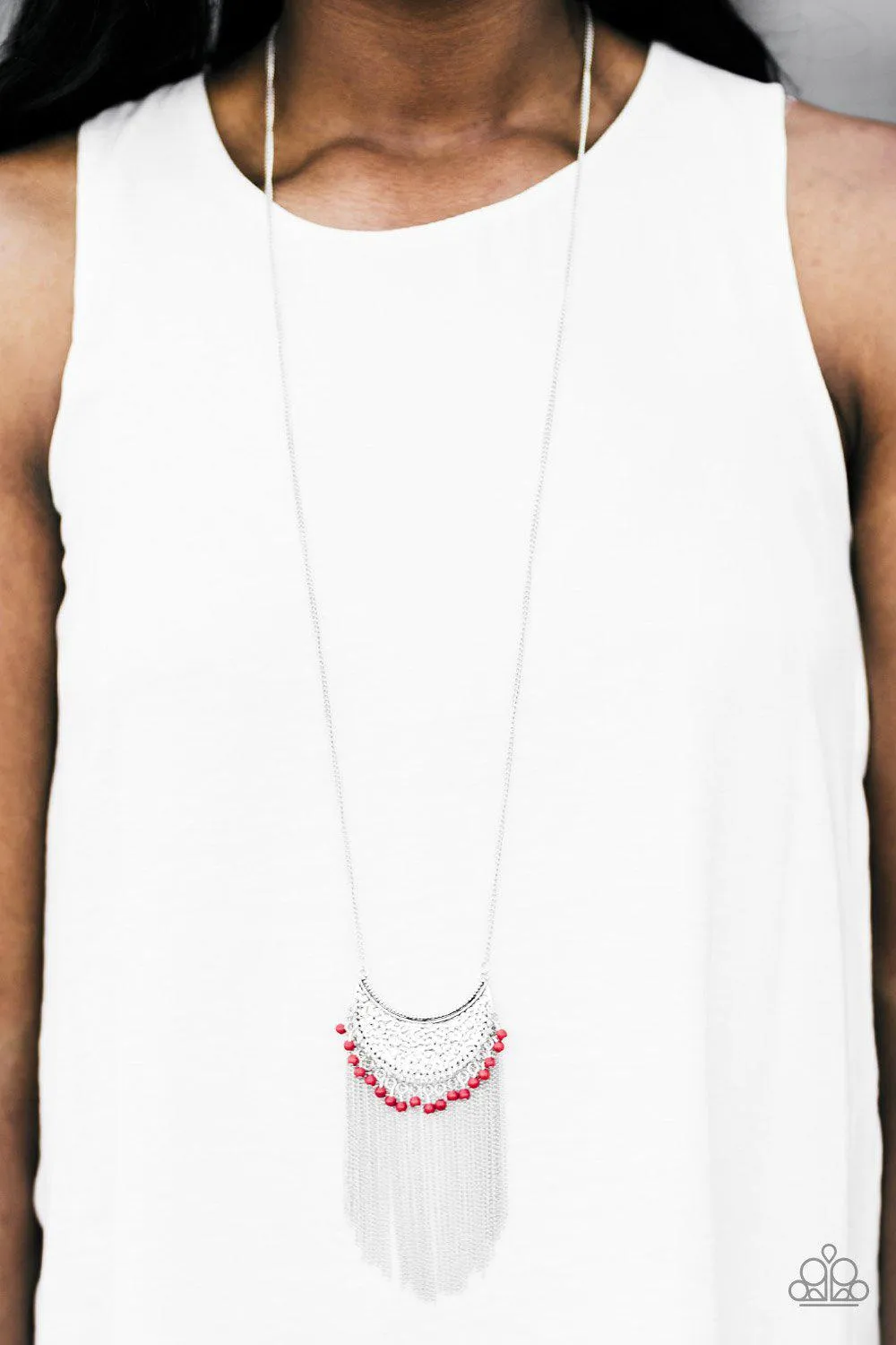 Desert Dancer Long Red and Silver Fringe Necklace - Paparazzi Accessories