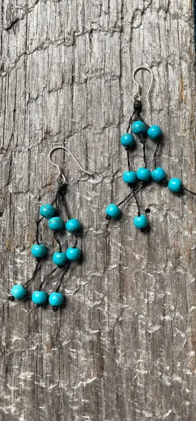 Earrings short turquoise beads on black leather with sterling silver hooks