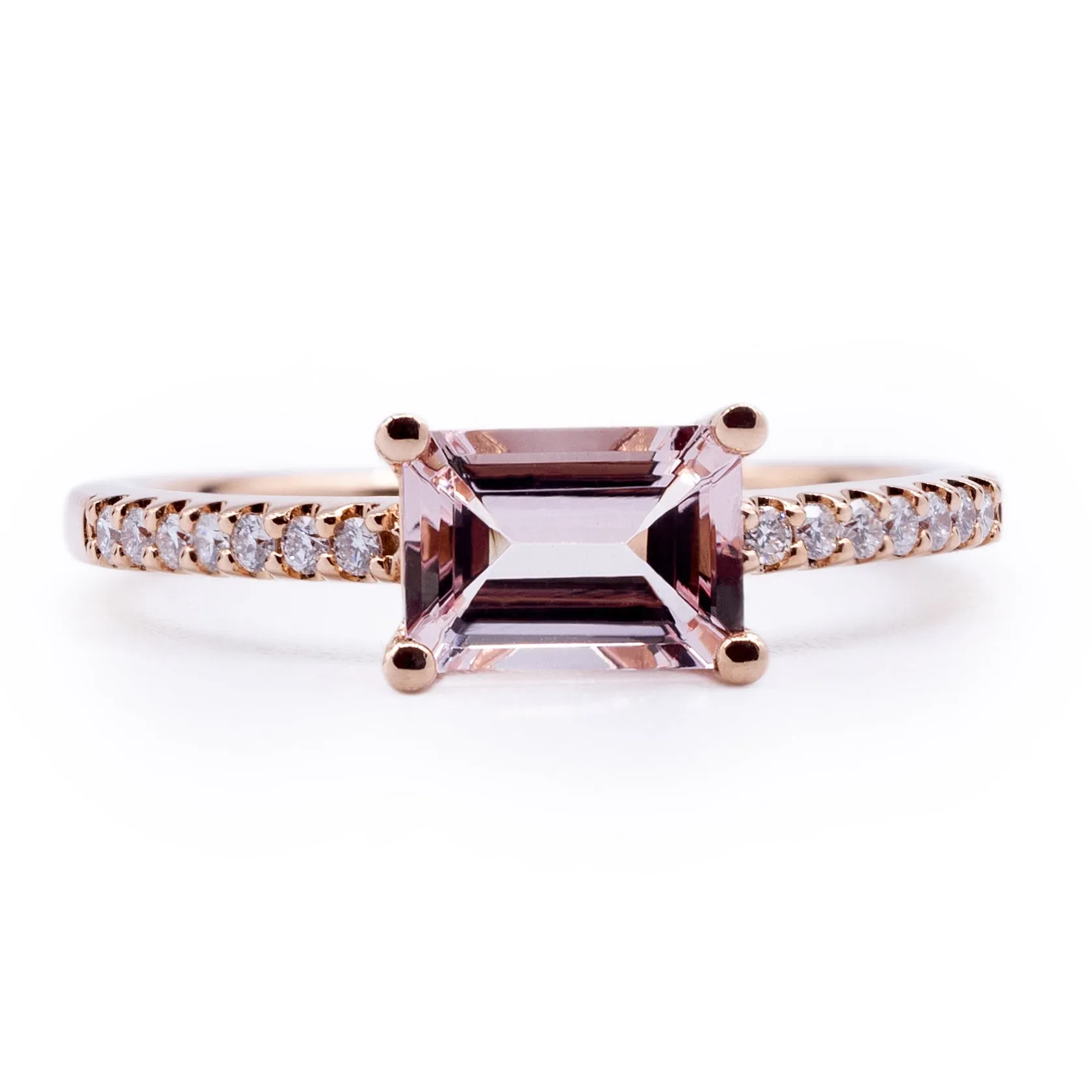 Emerald Cut Morganite East West Setting with Diamond Accented Shank