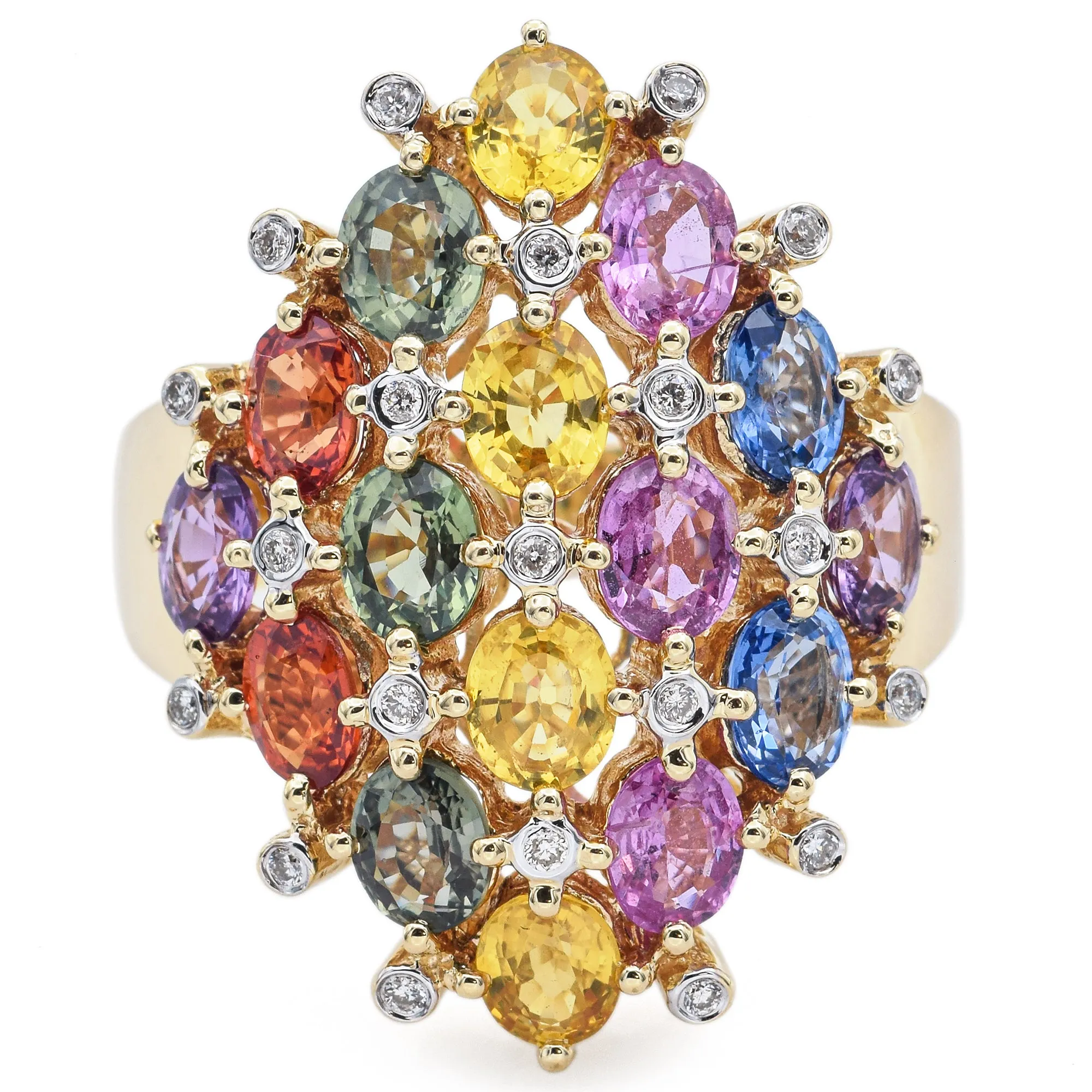 Estate 14K Yellow Gold 9.50 TCW Multi-Color Sapphire & 0.32 TCW Diamonds Ring