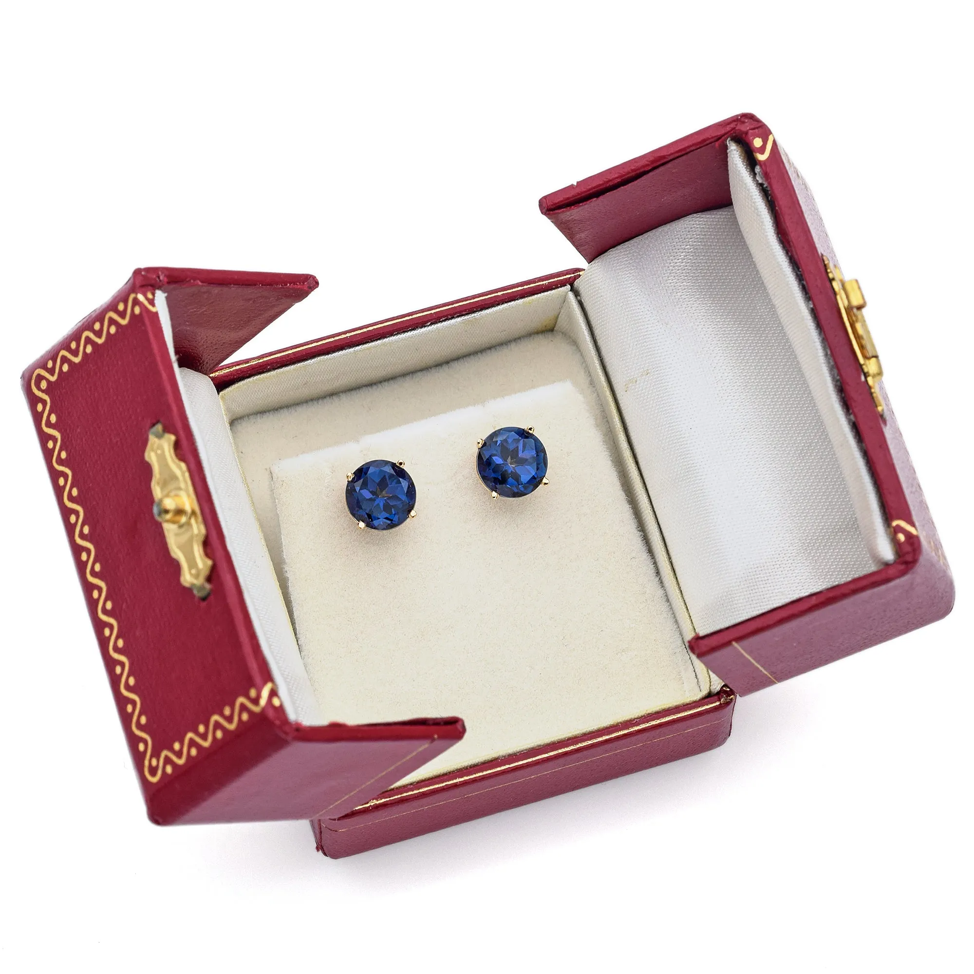 Estate 14K Yellow Gold Lab Sapphire Round Stud Earrings 8 mm