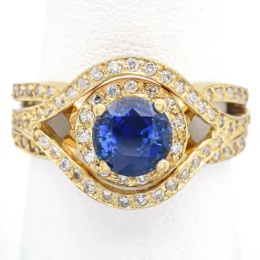 Estate 18K Yellow Gold 1.60 Ct Ceylon Blue Sapphire & 0.80 TCW Diamond Ring