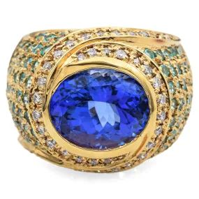 Estate 18K Yellow Gold 4.70 Ct Tanzanite, Paraiba Tourmaline & Diamond Ring