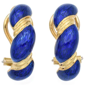 Estate 18K Yellow Gold Blue Enamel Omega Back Semi-Hoop Twist Earrings