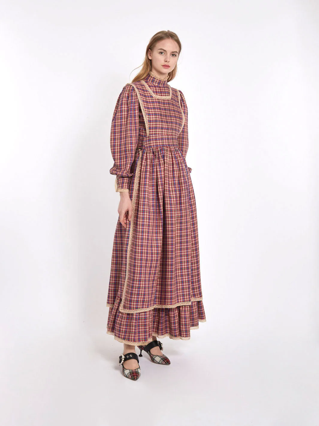 Fiorucci 1970s prairie dress with checked pattern and lace trimming