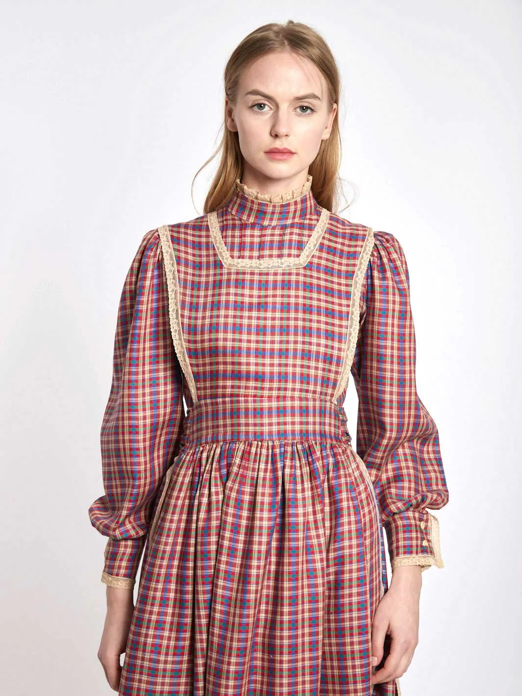 Fiorucci 1970s prairie dress with checked pattern and lace trimming