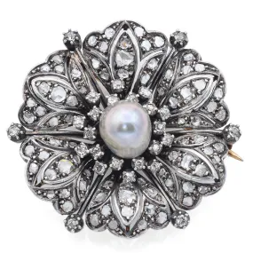 GIA Antique 15K Yellow Gold & Sterling Silver 1.00TCW Diamond & Pearl Brooch Pin