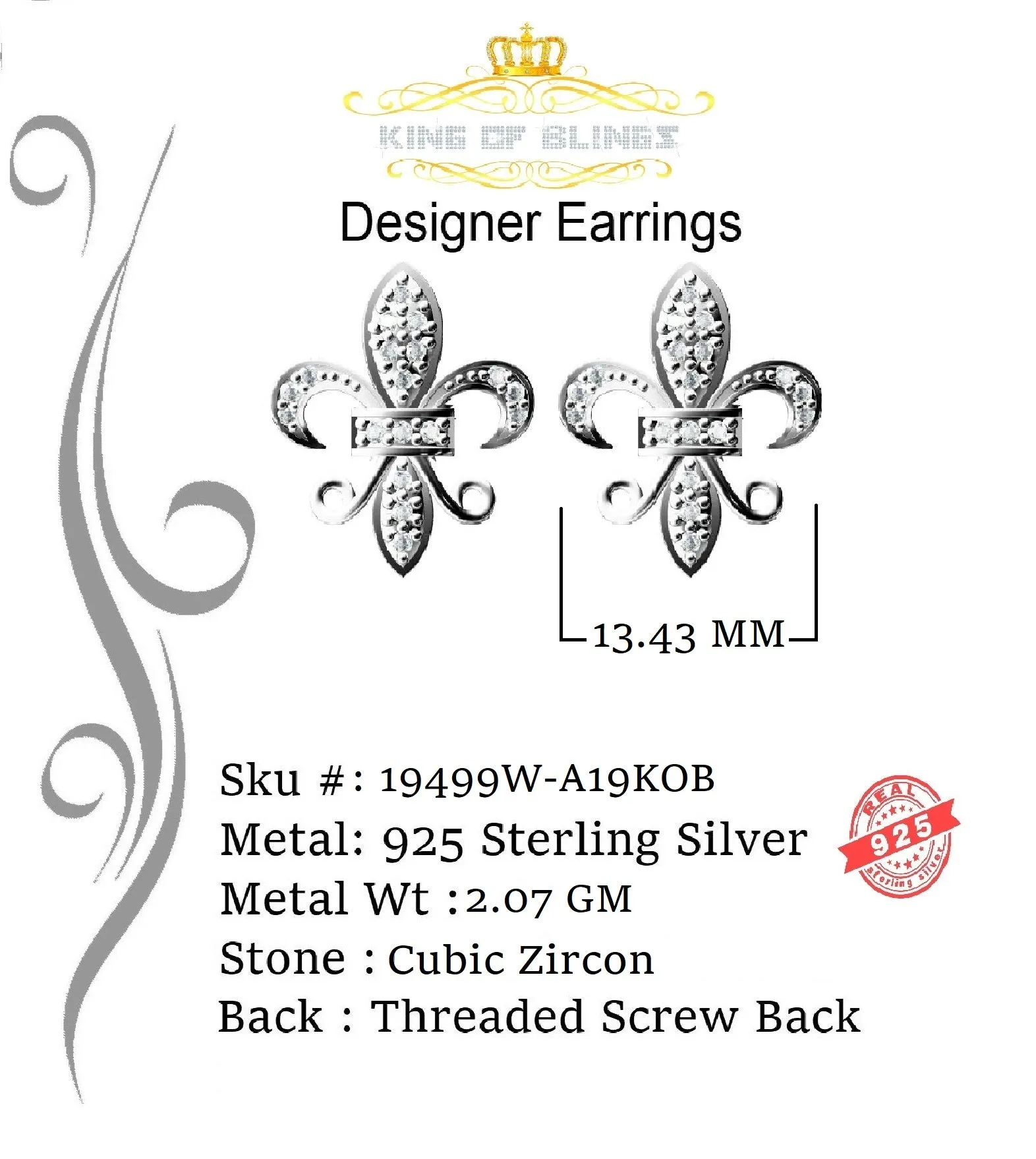 King of Blings- 925 White Silver Women's Fleur de Lis Screw Back 0.36ct Cubic Zirconia Earrings