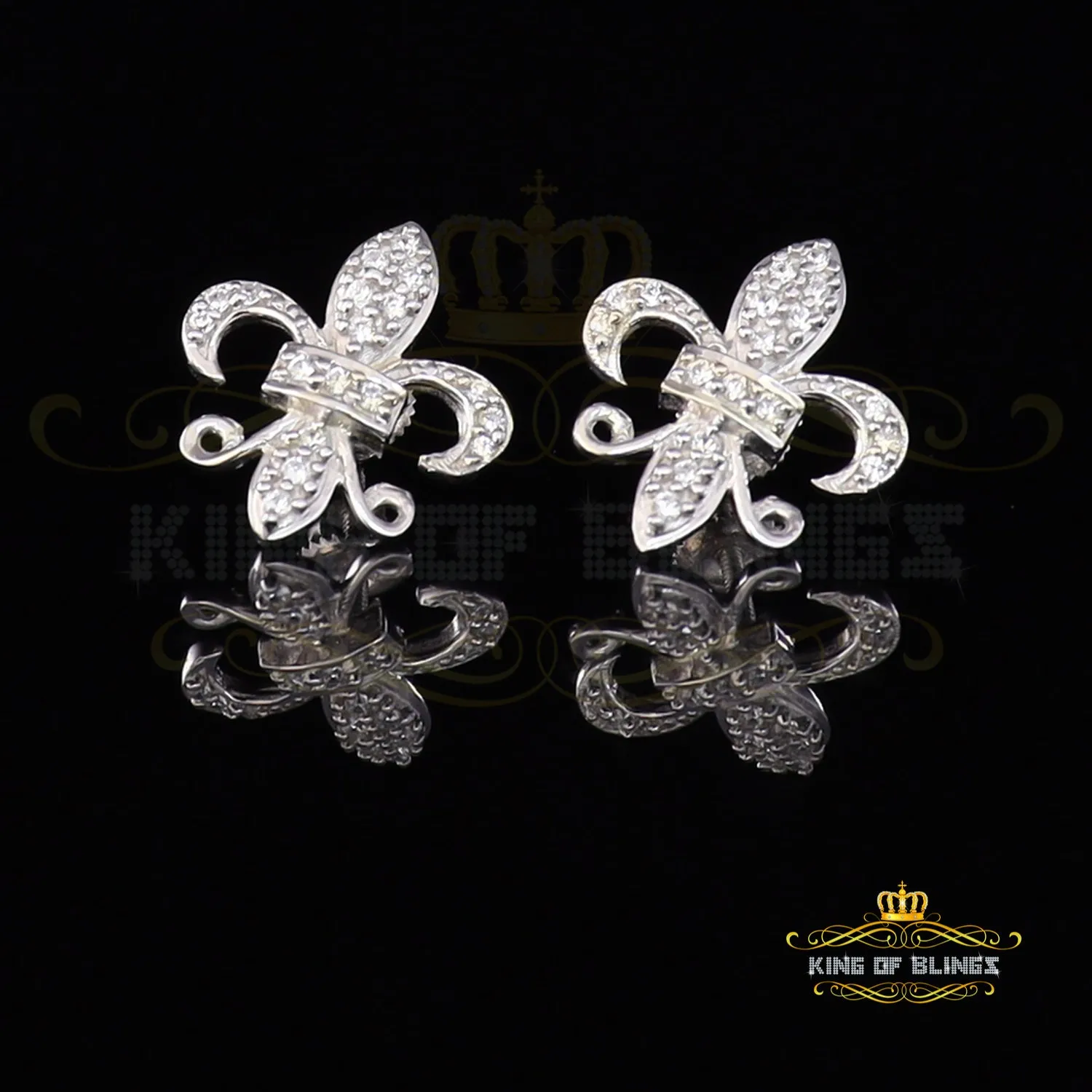 King of Blings- 925 White Silver Women's Fleur de Lis Screw Back 0.36ct Cubic Zirconia Earrings