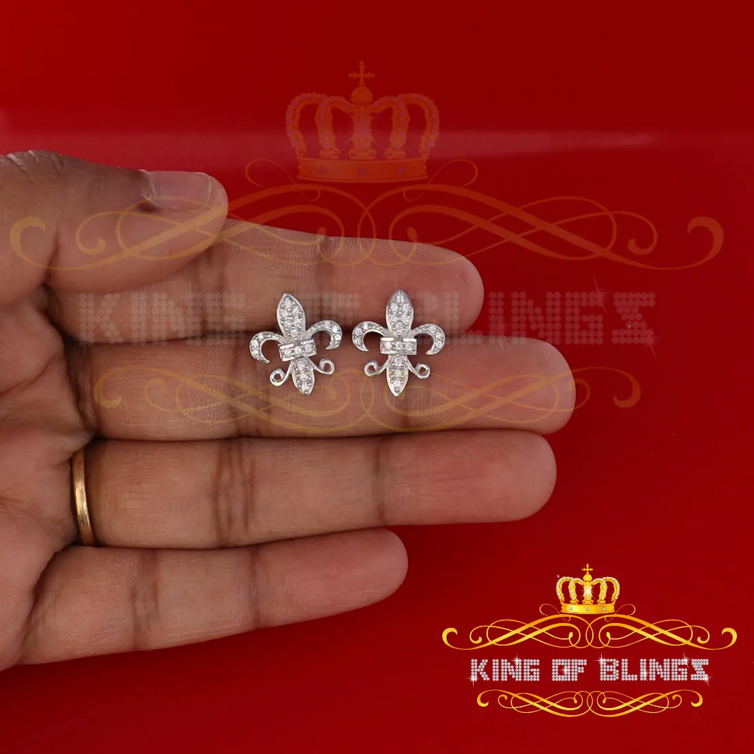 King of Blings- 925 White Silver Women's Fleur de Lis Screw Back 0.36ct Cubic Zirconia Earrings