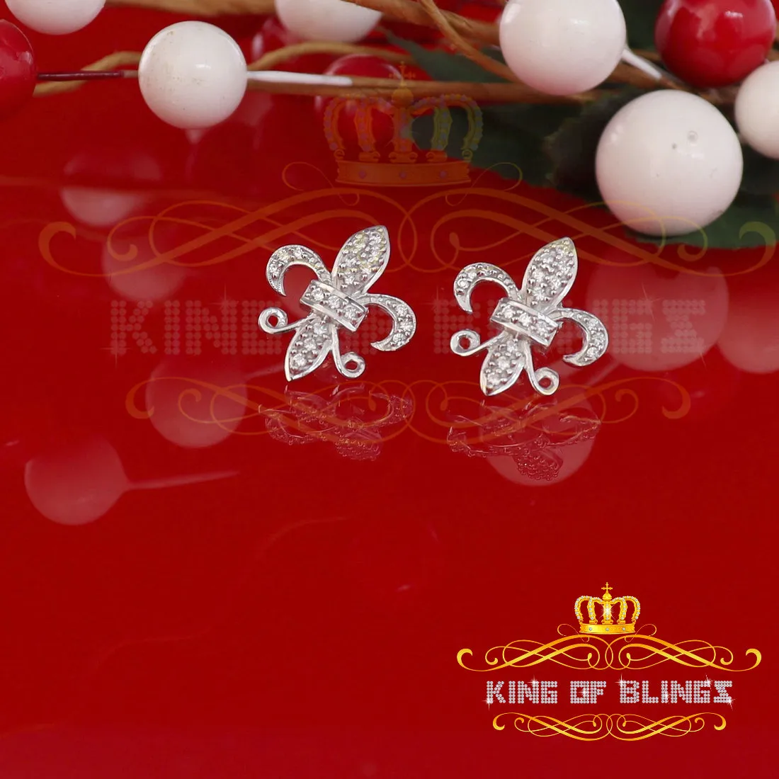 King of Blings- 925 White Silver Women's Fleur de Lis Screw Back 0.36ct Cubic Zirconia Earrings