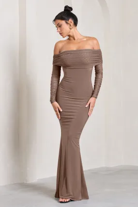 Madeleine | Mocha Fishtail Maxi Dress With Bardot Mesh Long Sleeves