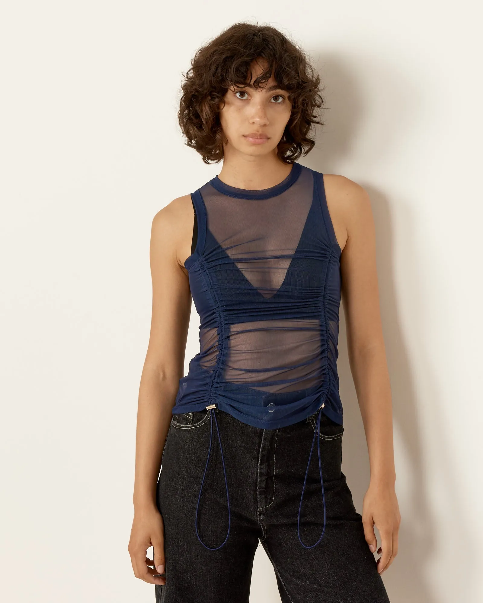 Mesh Gathered Bungee Tank in Midnight