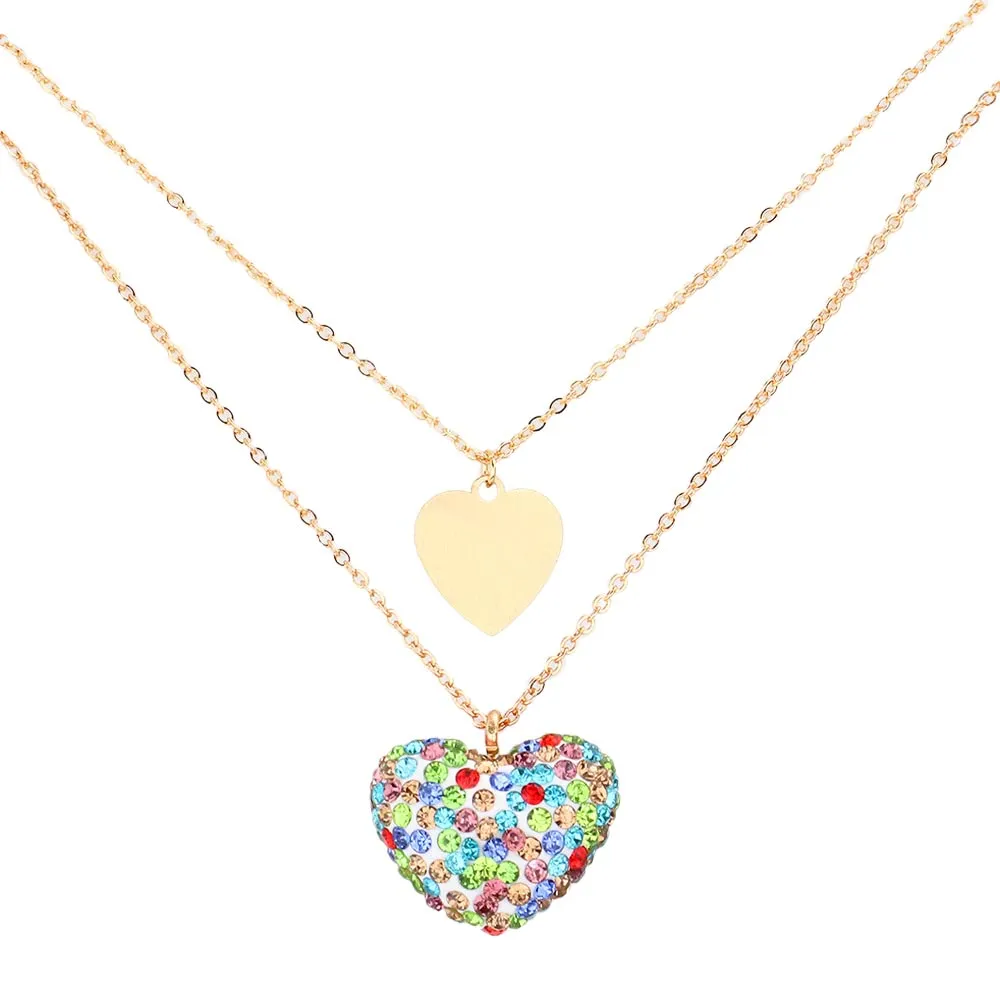 Metal Rhinestone Pave Heart Pendant Double Layered Necklace