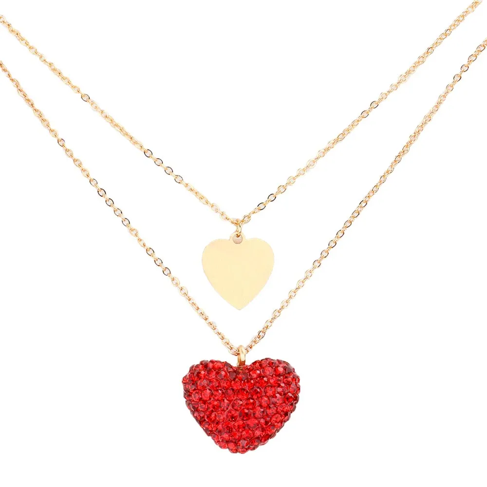 Metal Rhinestone Pave Heart Pendant Double Layered Necklace