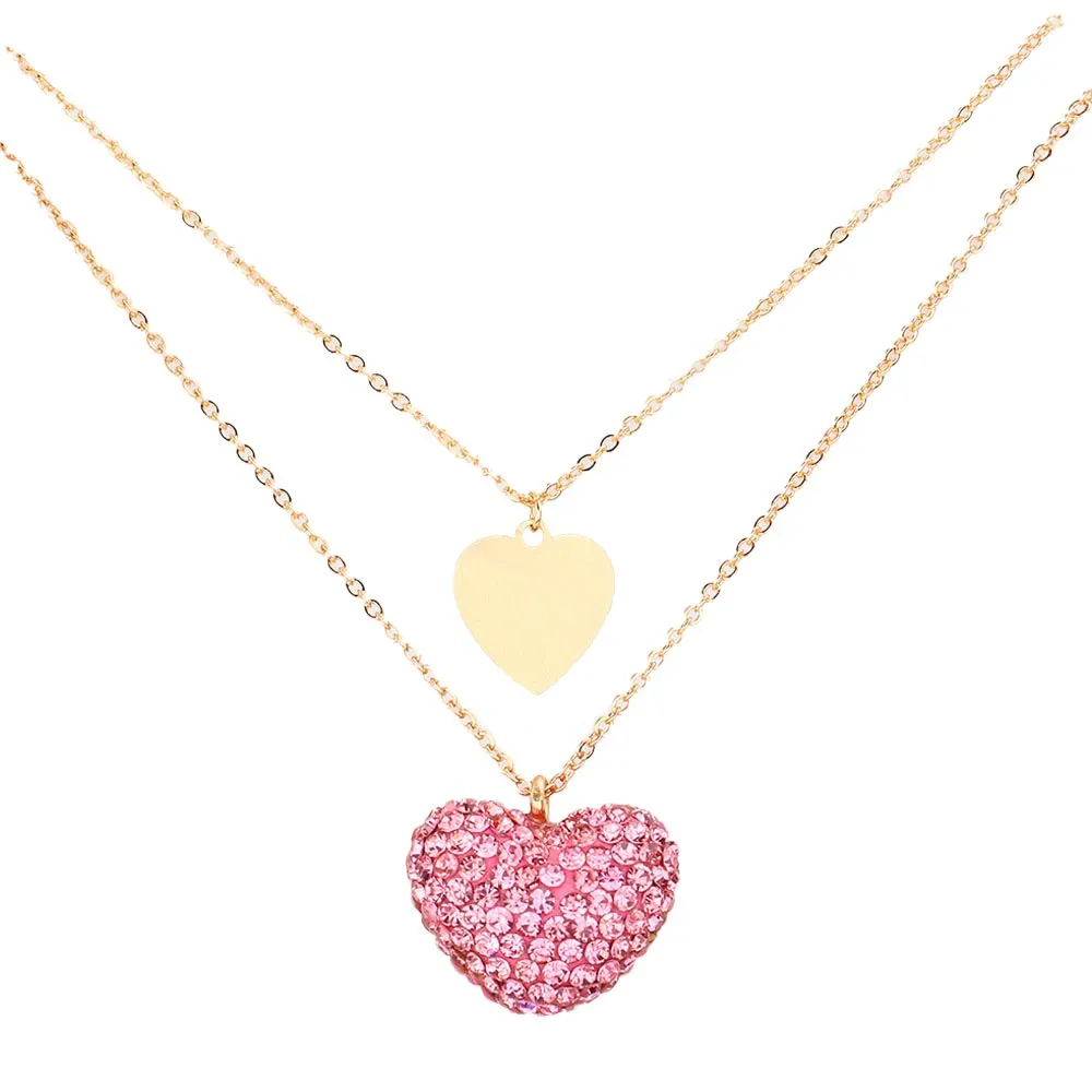 Metal Rhinestone Pave Heart Pendant Double Layered Necklace