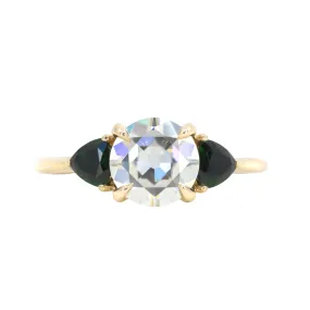 Old European Cut Moissanite and Tsavorite Garnet Three Stone Ring in 14k Yellow Gold