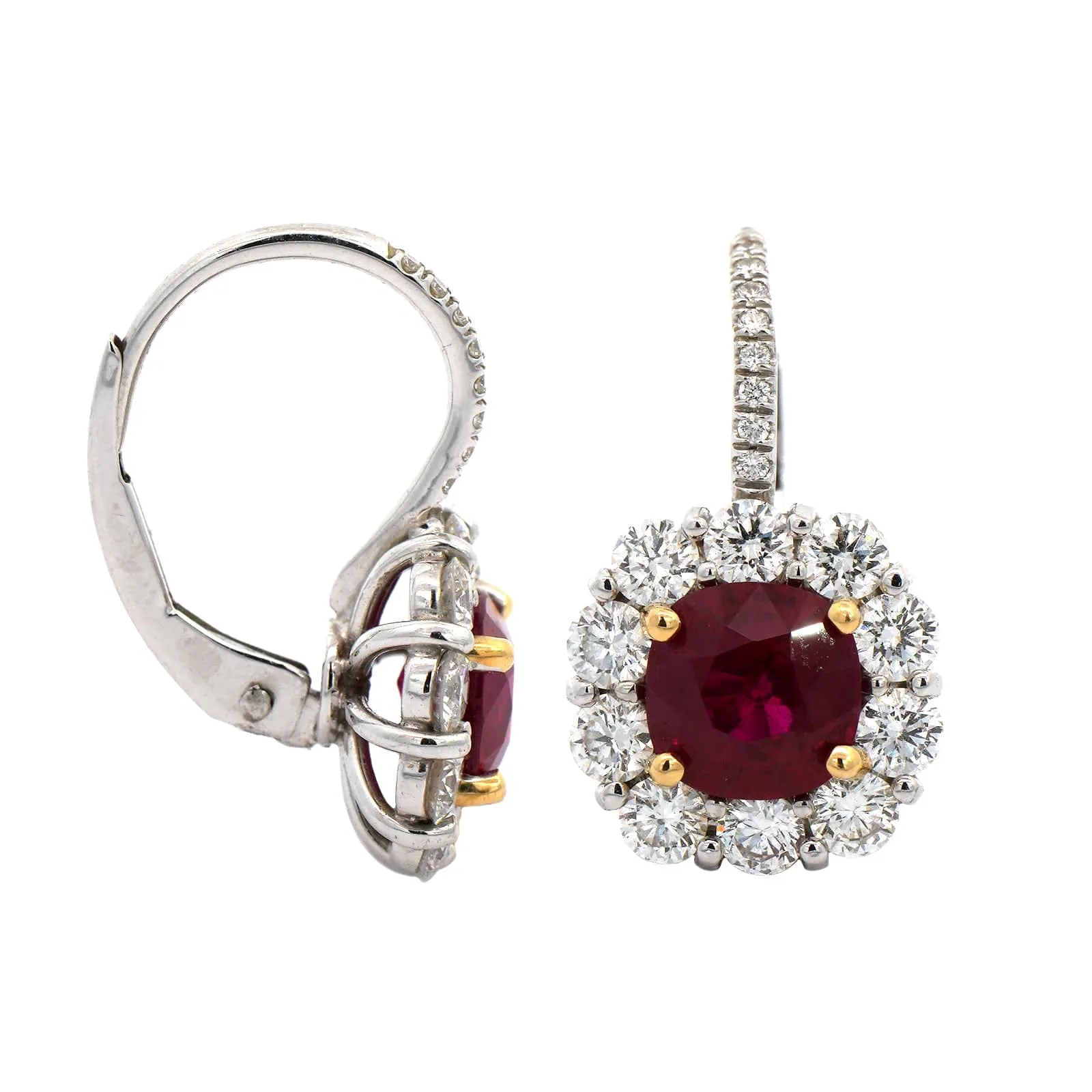 Platinum Cushion Cut Ruby and Diamond Halo Drop Earrings