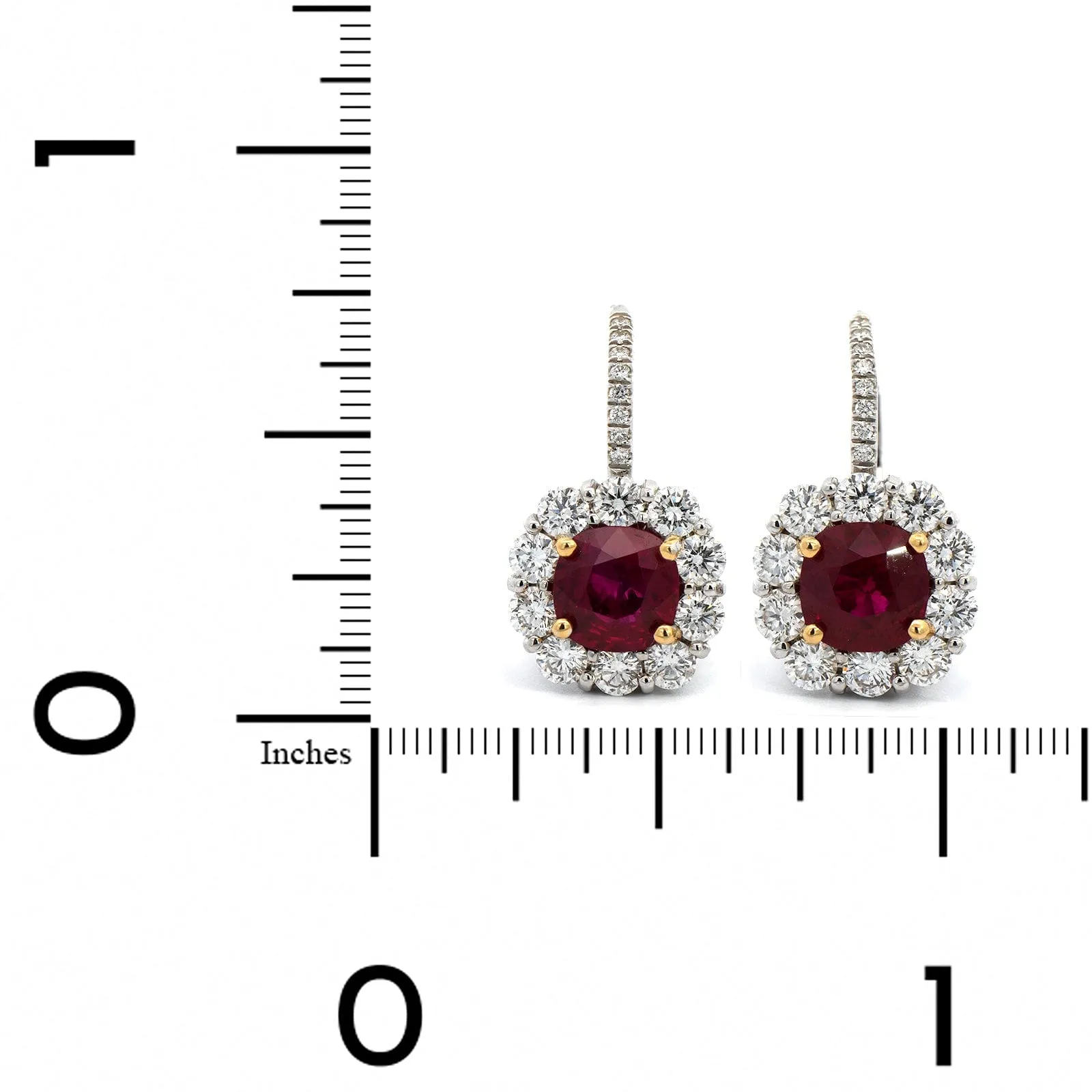 Platinum Cushion Cut Ruby and Diamond Halo Drop Earrings