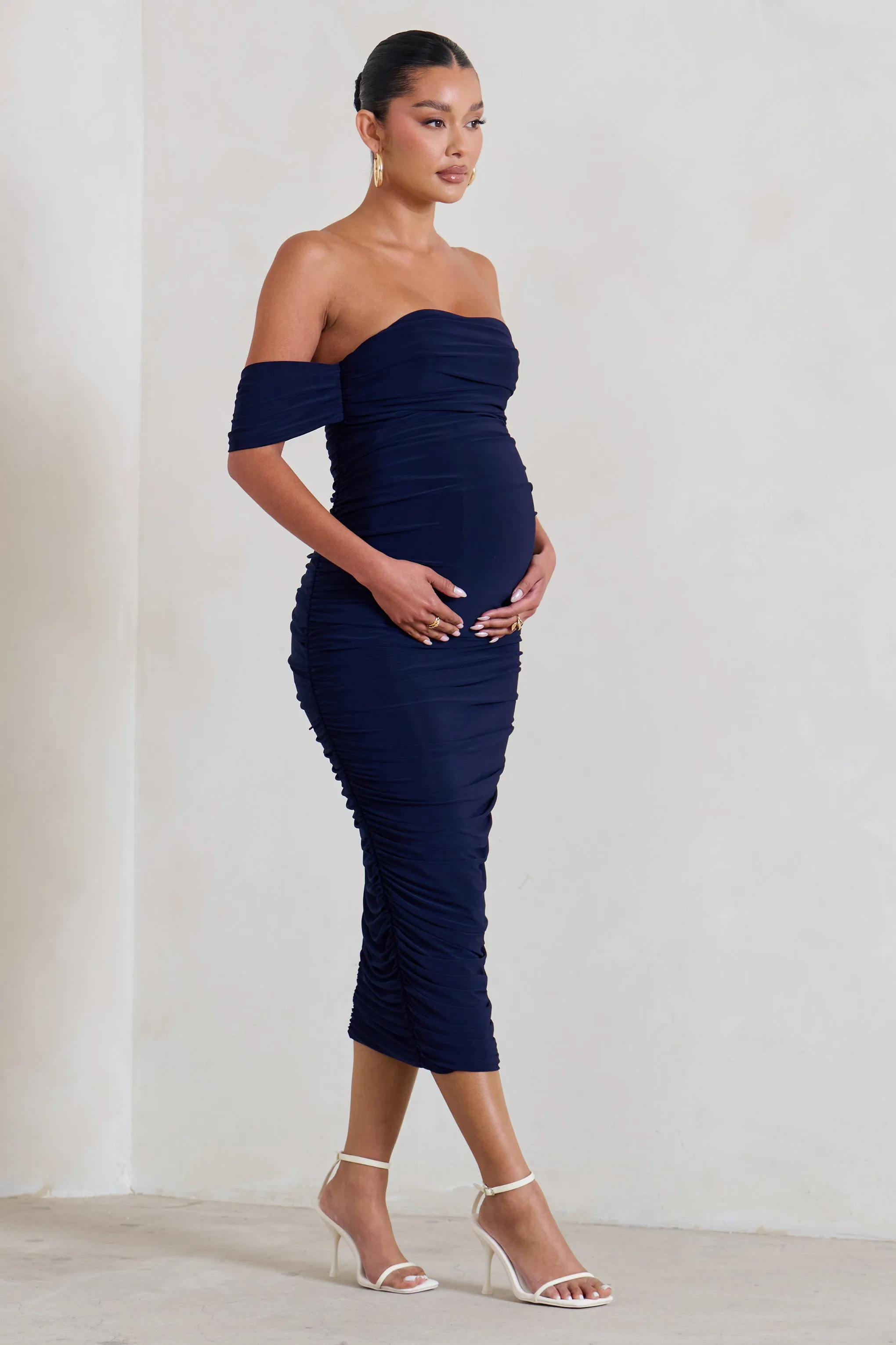 Plus One | Navy Ruched Bardot Midi Dress