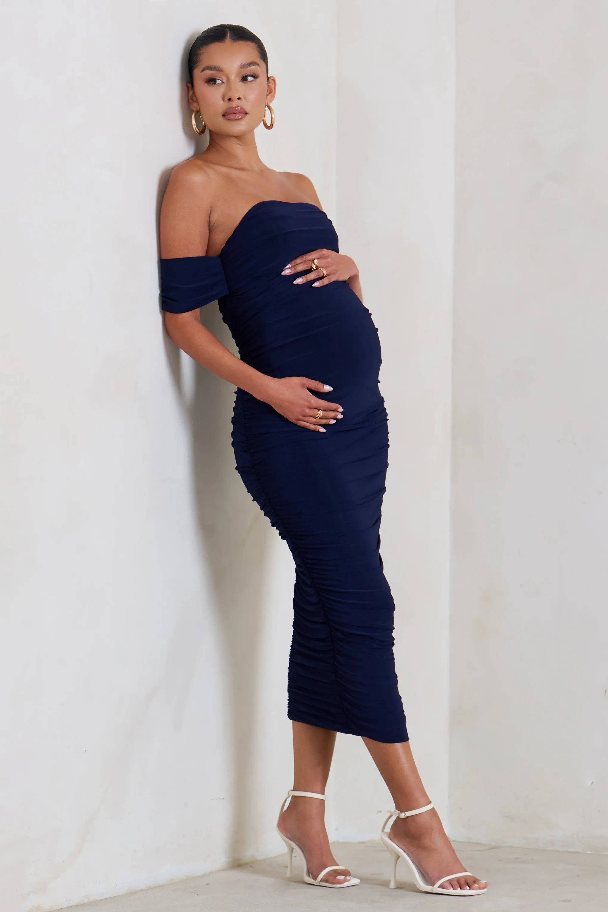 Plus One | Navy Ruched Bardot Midi Dress