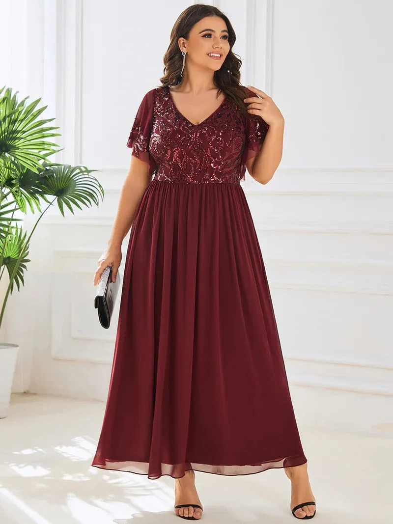 Plus Short Ruffles Sleeves V Neck Mother of the Bride Dresses