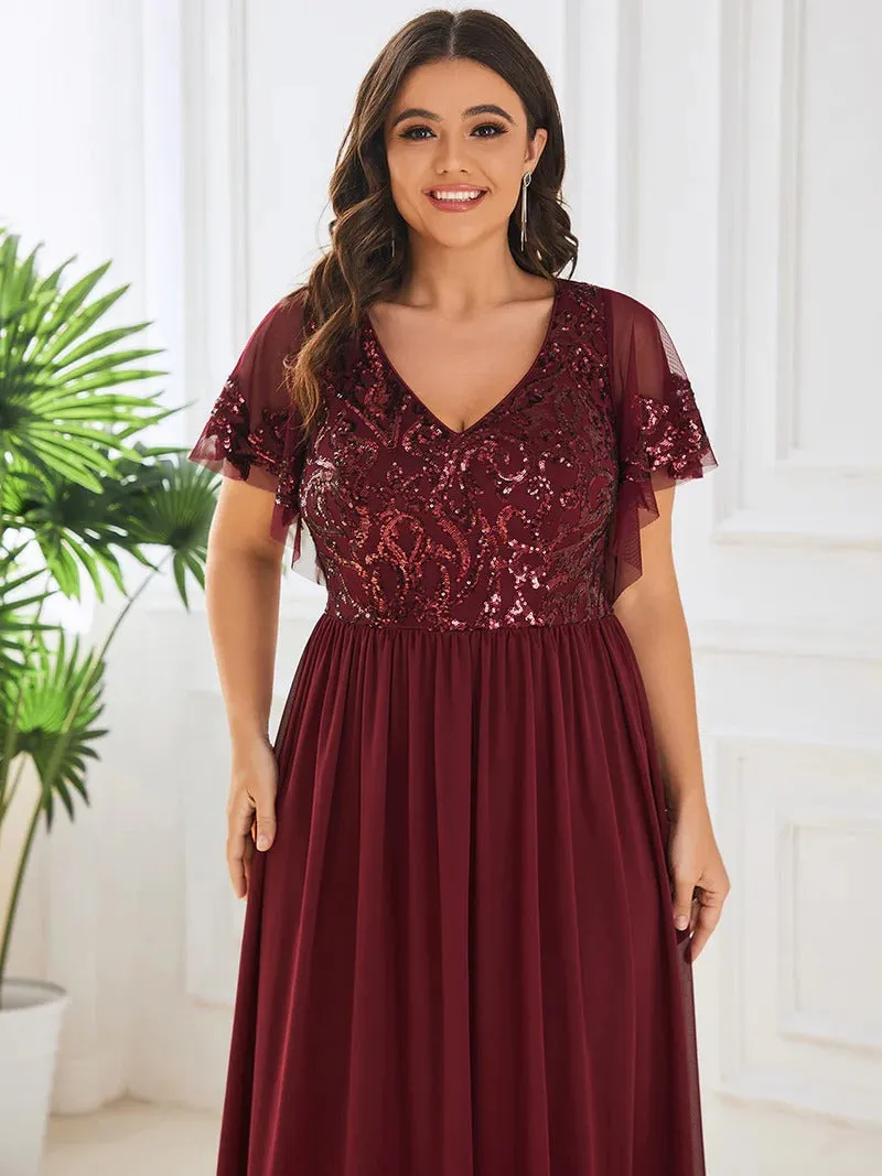 Plus Short Ruffles Sleeves V Neck Mother of the Bride Dresses