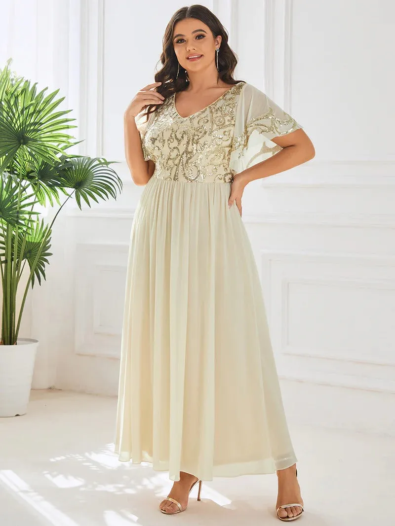 Plus Short Ruffles Sleeves V Neck Mother of the Bride Dresses