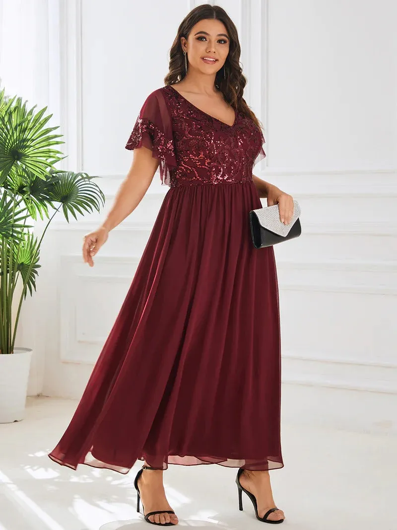 Plus Short Ruffles Sleeves V Neck Mother of the Bride Dresses