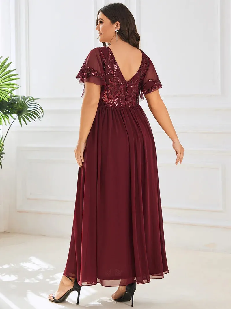 Plus Short Ruffles Sleeves V Neck Mother of the Bride Dresses