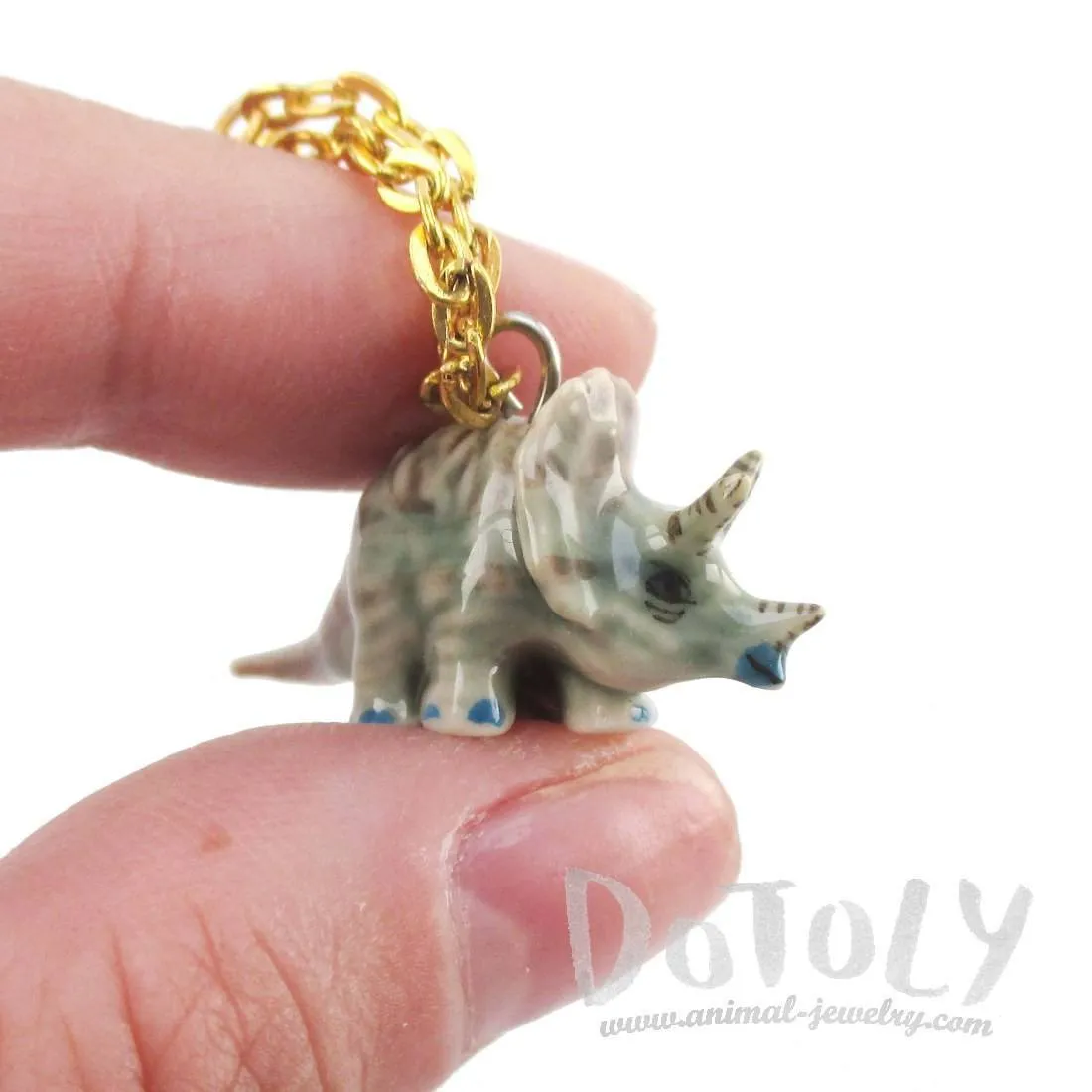 Tiny Porcelain Triceratops Dinosaur Shaped Ceramic Pendant Necklace