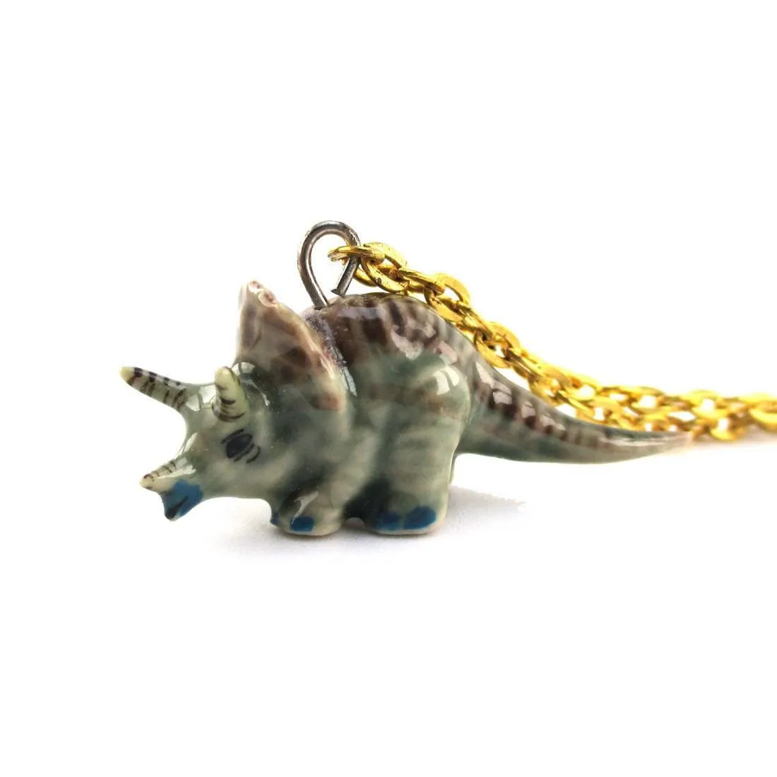 Tiny Porcelain Triceratops Dinosaur Shaped Ceramic Pendant Necklace