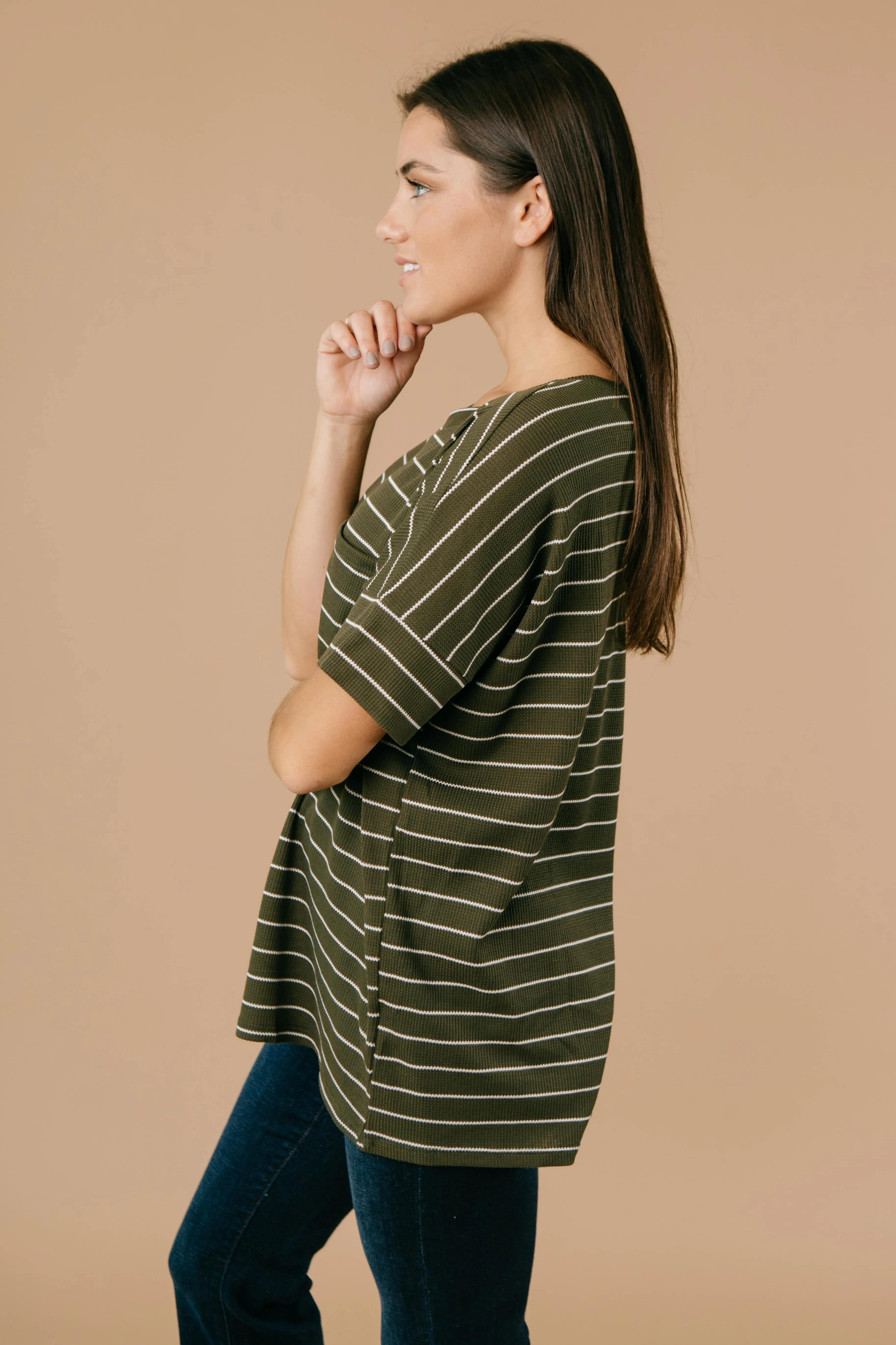 Tow The Line Striped Tee In Olive - On hand