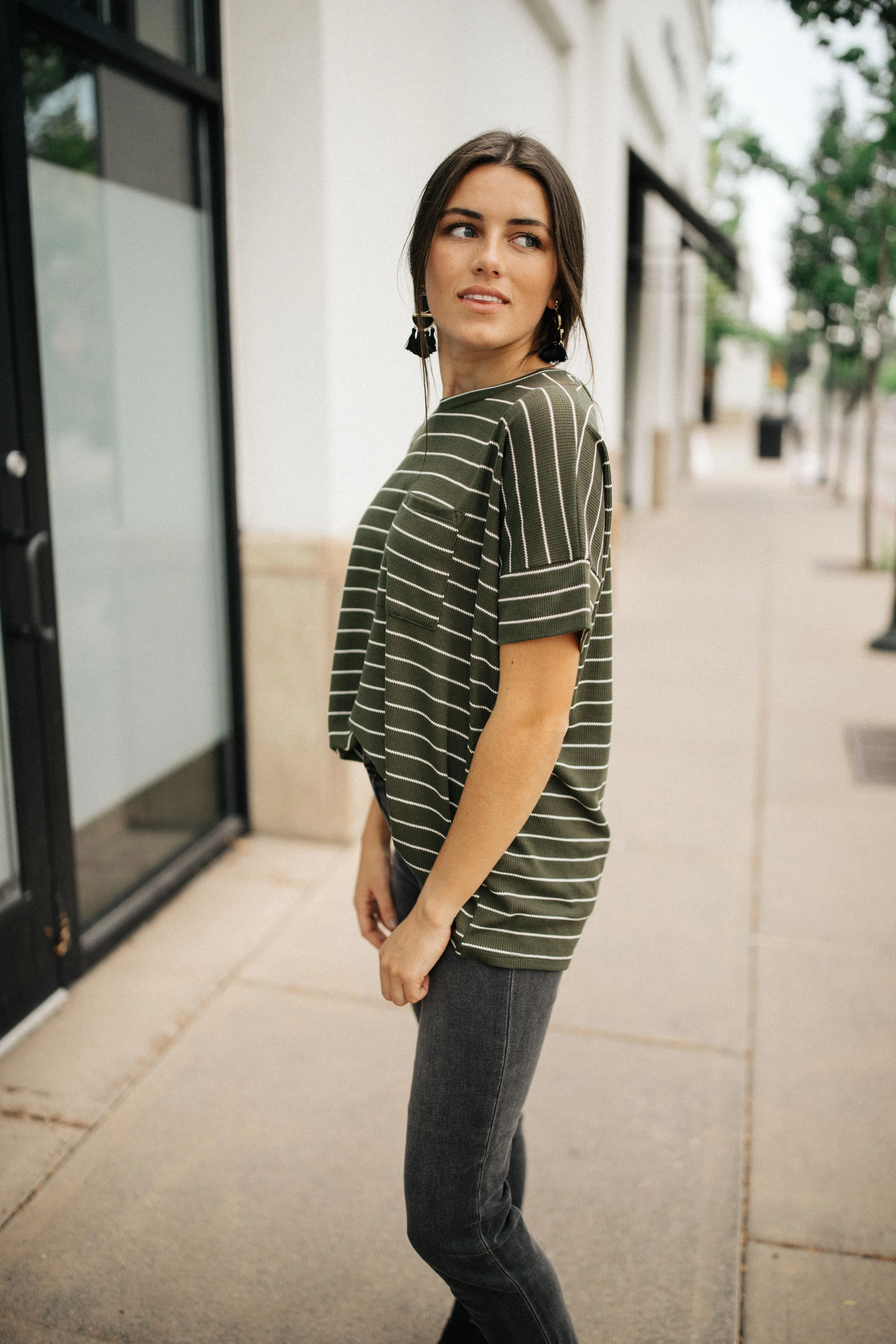 Tow The Line Striped Tee In Olive - On hand