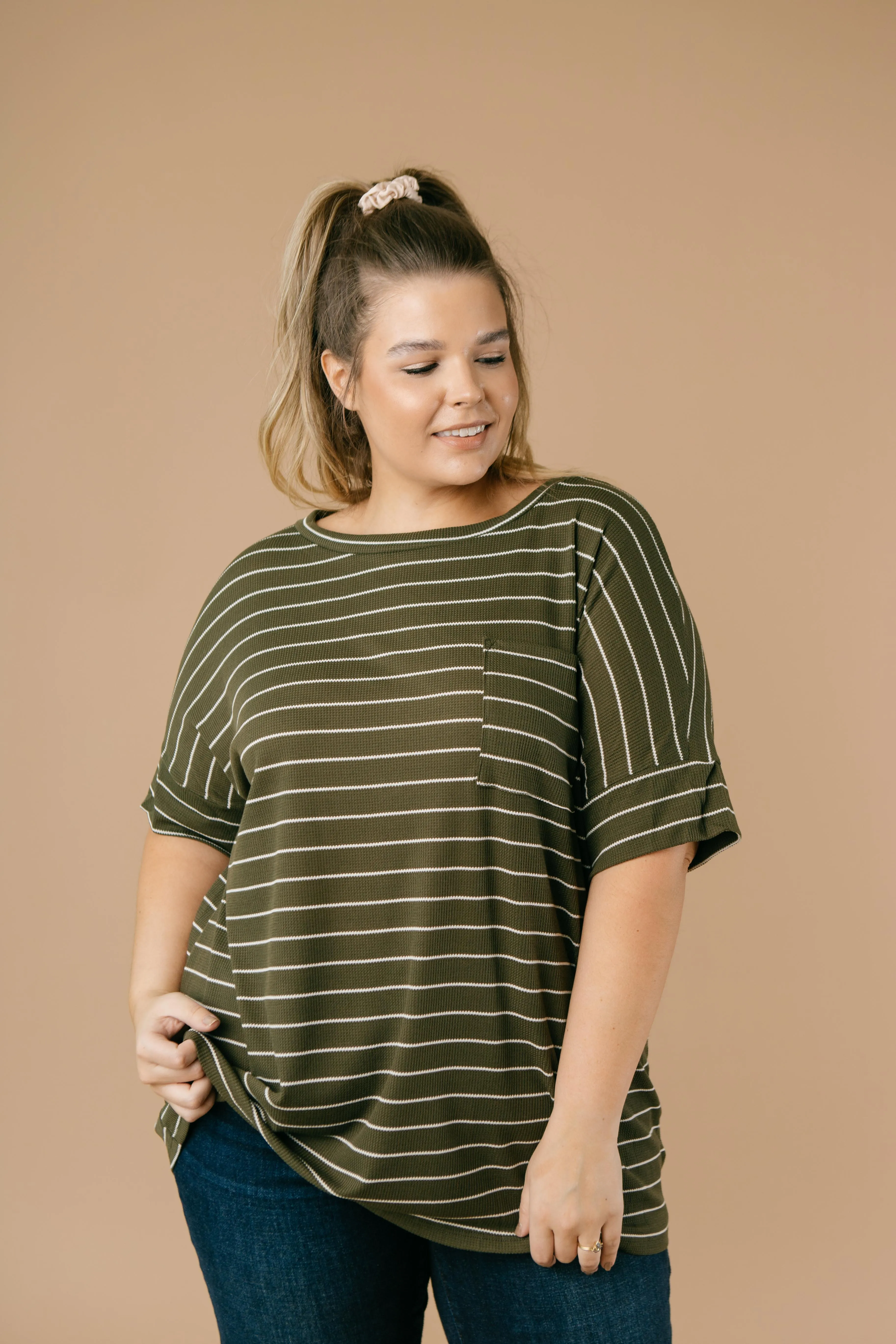 Tow The Line Striped Tee In Olive - On hand