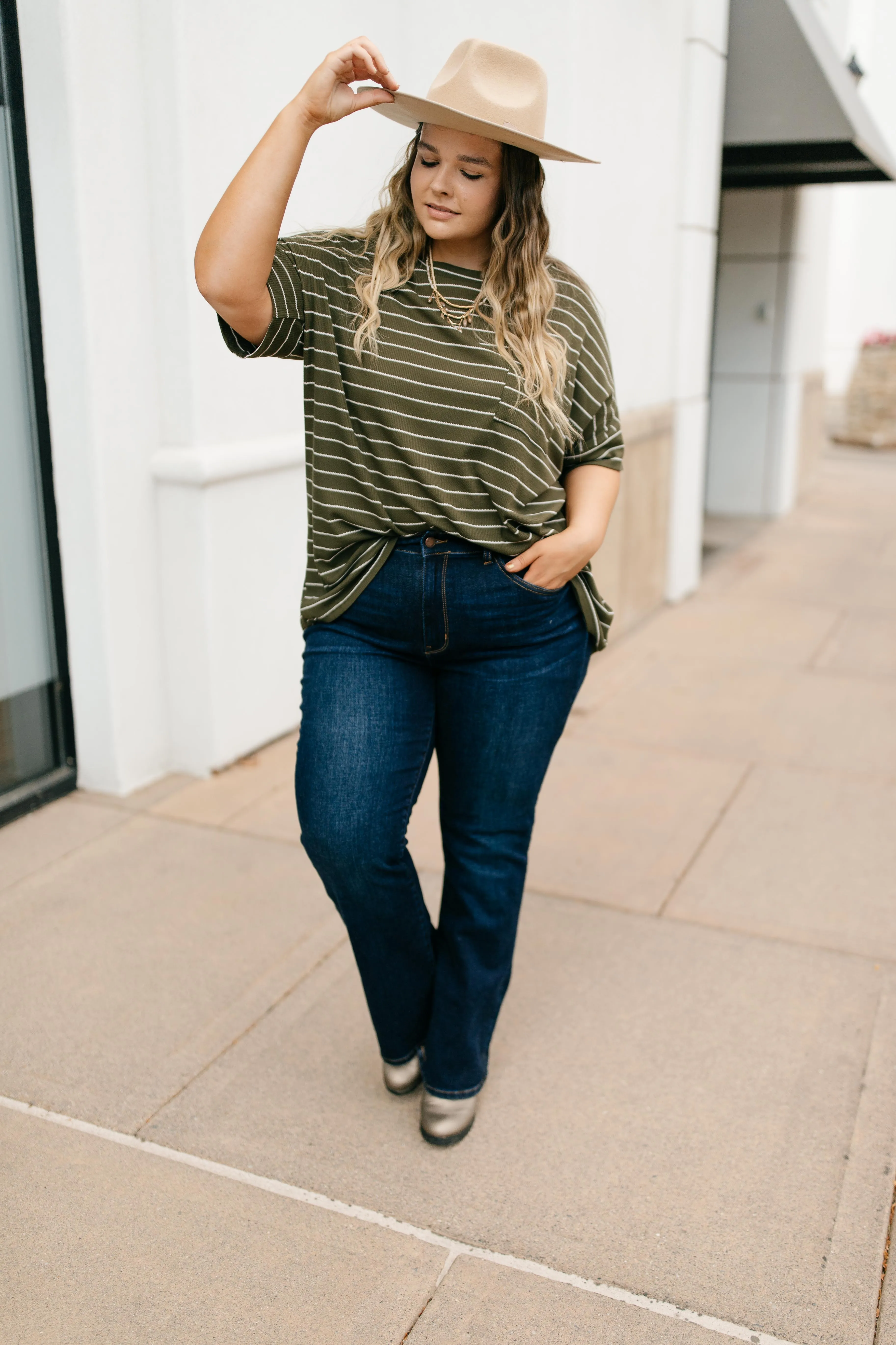 Tow The Line Striped Tee In Olive - On hand