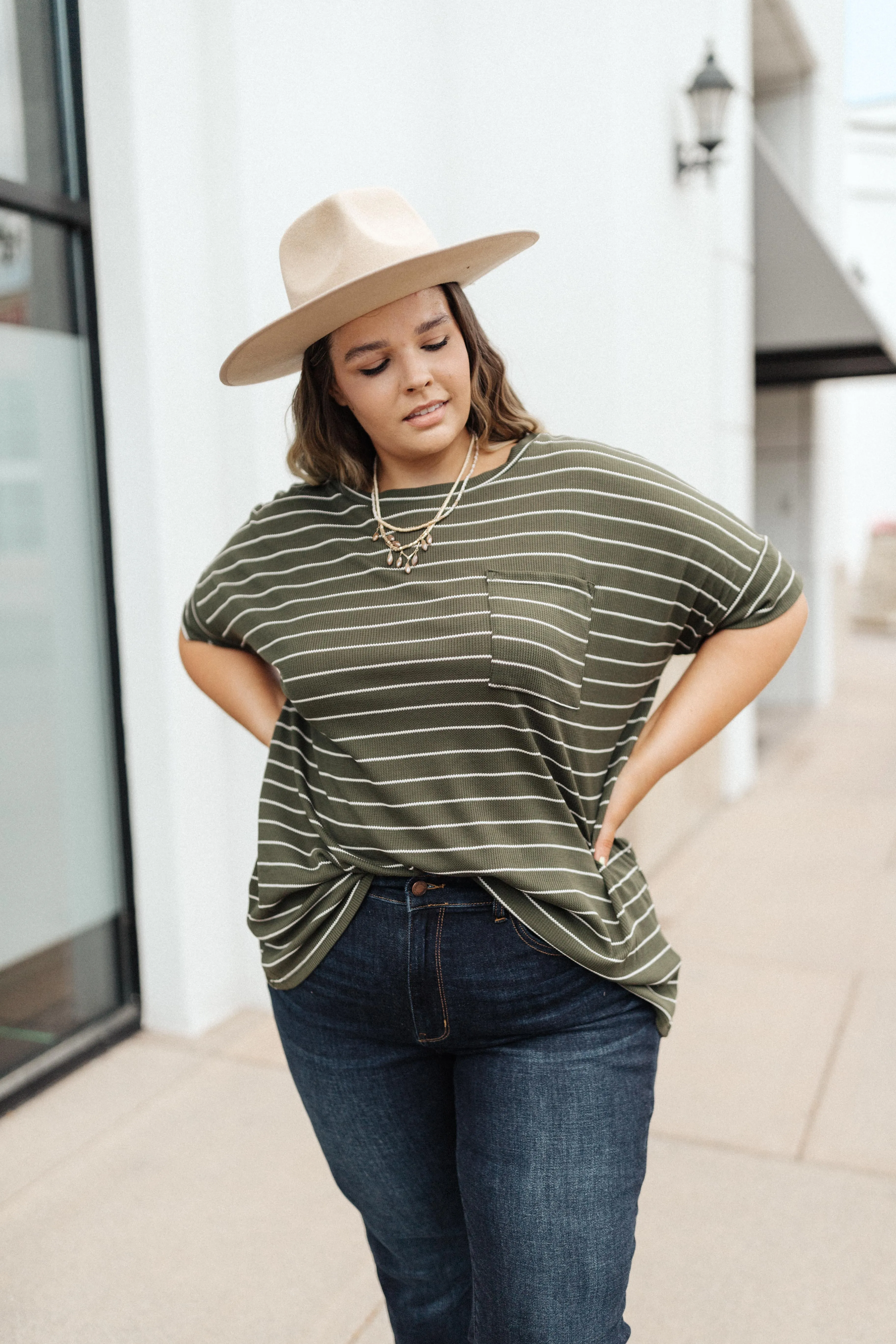 Tow The Line Striped Tee In Olive - On hand