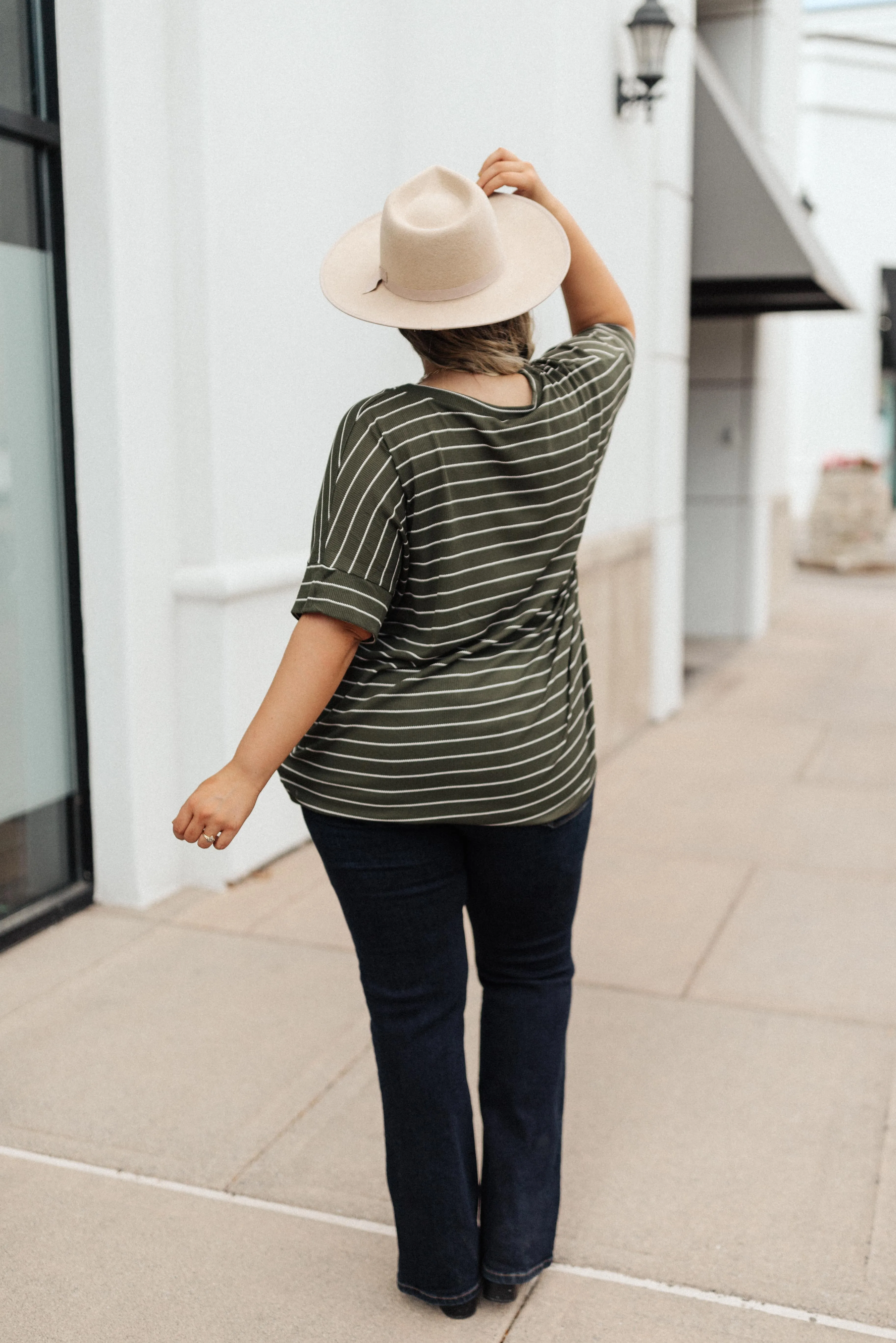 Tow The Line Striped Tee In Olive - On hand