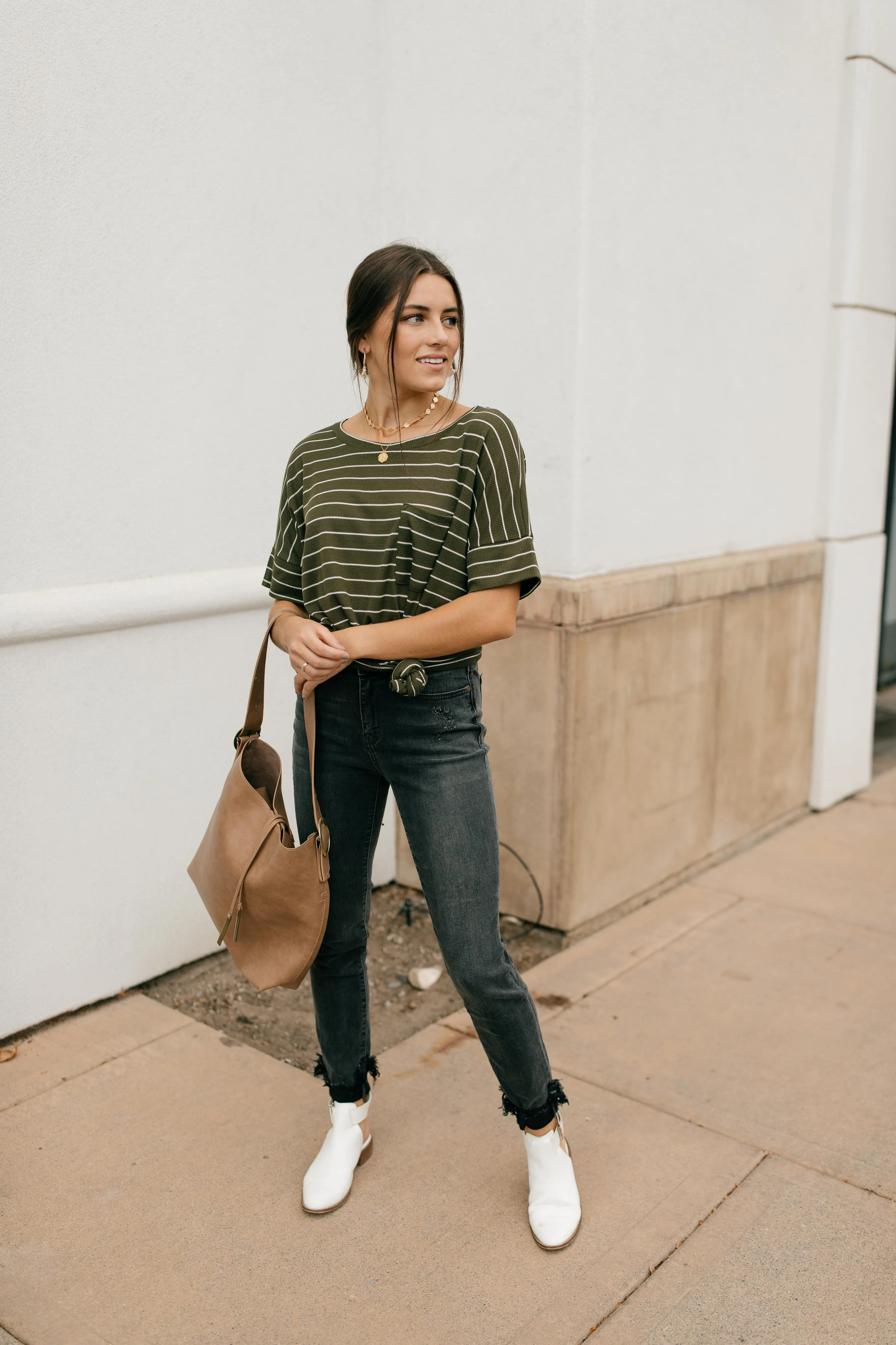 Tow The Line Striped Tee In Olive - On hand