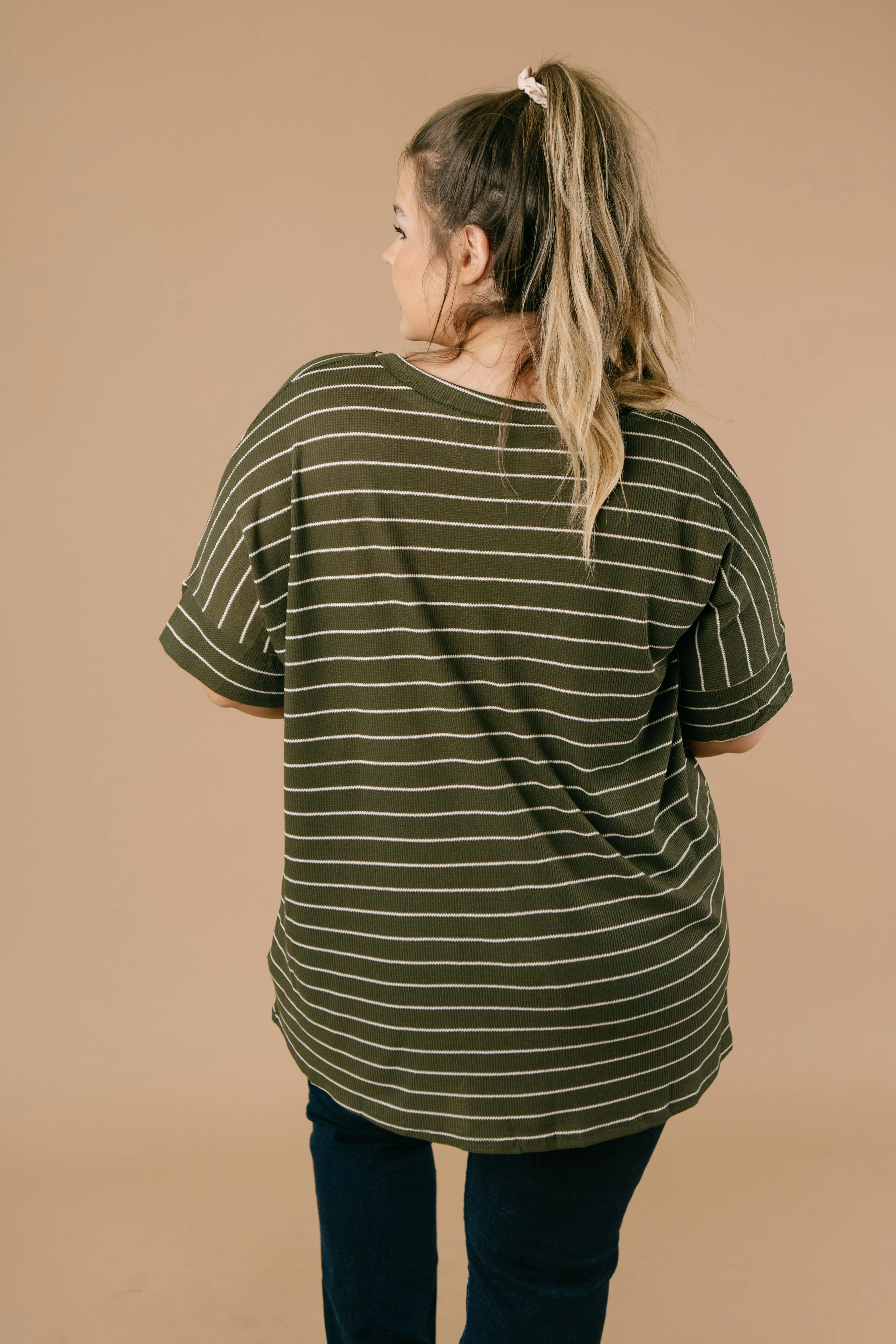 Tow The Line Striped Tee In Olive - On hand