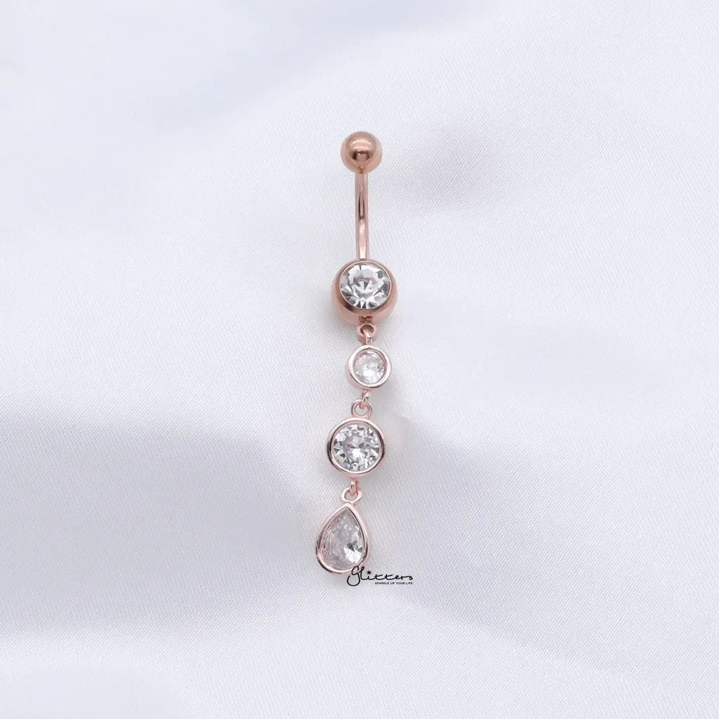 Triple CZ Dangle Belly Button Navel Ring - Rose Gold