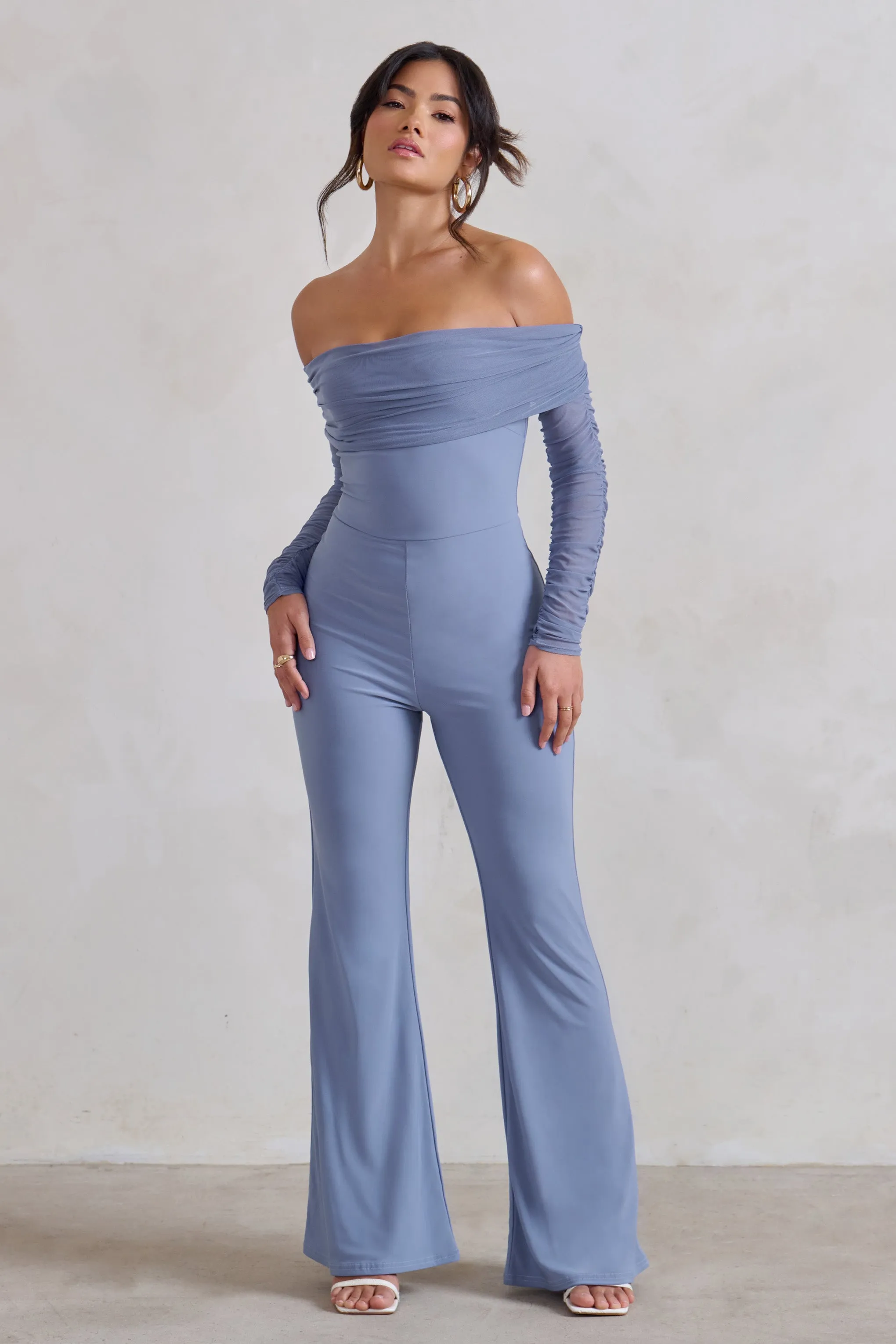 Whisper | Ice Blue Ruched Mesh Bardot Jumpsuit